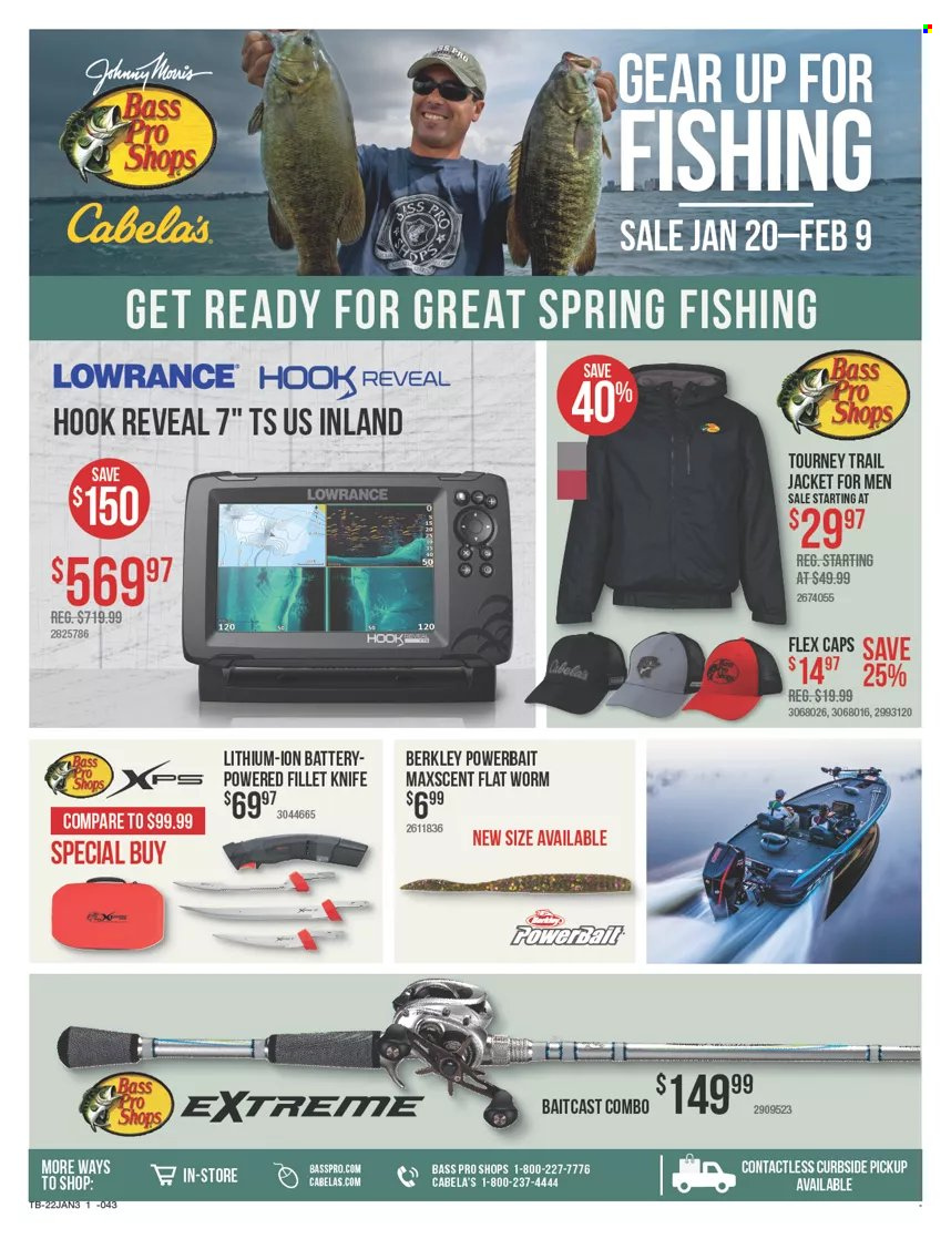 thumbnail - Bass Pro Shops Flyer - 01/20/2022 - 02/09/2022 - Sales products - jacket, baitcast combo, Bass Pro, Lowrance. Page 1.