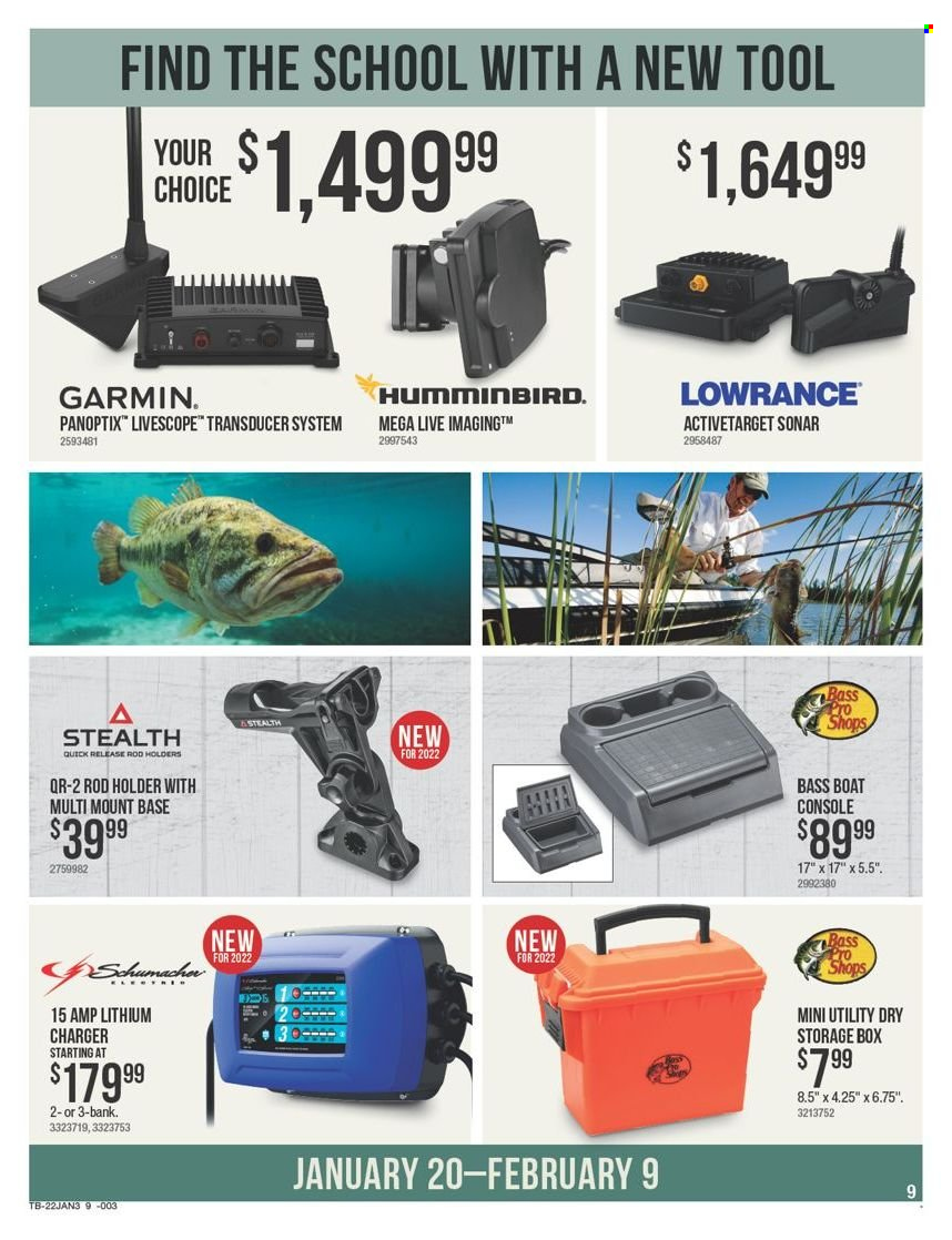 thumbnail - Bass Pro Shops Flyer - 01/20/2022 - 02/09/2022 - Sales products - Garmin, storage box, Bass Pro, Lowrance, sonar, rod holder, boat. Page 9.