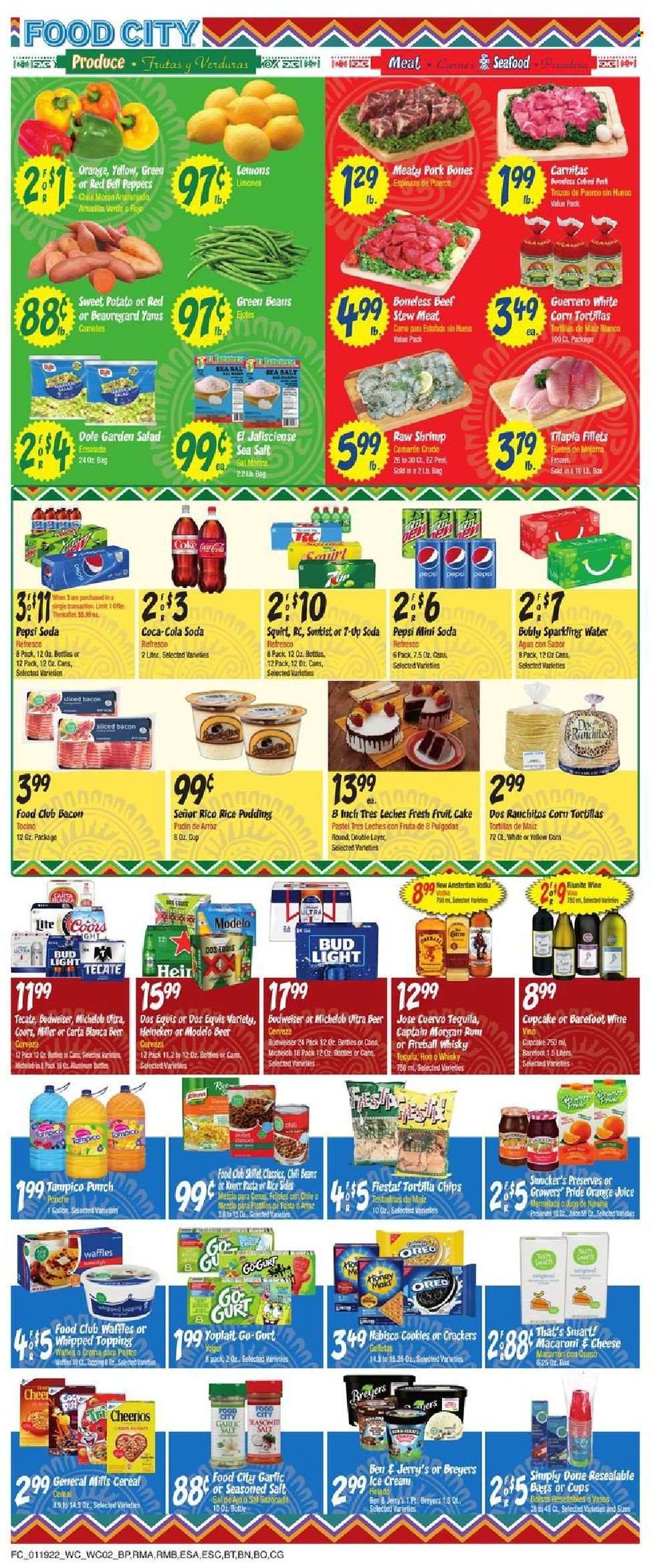 thumbnail - Food City Flyer - 01/19/2022 - 01/25/2022 - Sales products - cake, waffles, beans, bell peppers, garlic, green beans, sweet potato, salad, Dole, peppers, tilapia, seafood, bacon, cheese, Oreo, rice pudding, ice cream, Ben & Jerry's, cookies, crackers, tortilla chips, topping, cereals, Cheerios, Coca-Cola, Pepsi, orange juice, juice, fruit punch, soda, sparkling water, wine, Cupcake Vineyards, Captain Morgan, rum, tequila, vodka, Ron Pelicano, whisky, beer, Bud Light, Heineken, Modelo, Budweiser, Coors, Dos Equis, Michelob. Page 2.