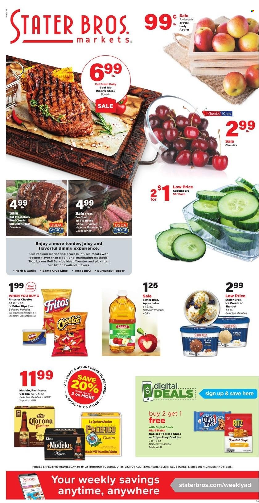 thumbnail - Stater Bros. Flyer - 01/19/2022 - 01/25/2022 - Sales products - cucumber, Pink Lady, ice cream, sherbet, cookies, RITZ, Fritos, Cheetos, chips, herbs, apple juice, juice, seltzer water, beer, Corona Extra, Modelo, beef meat, steak, ribeye steak. Page 1.