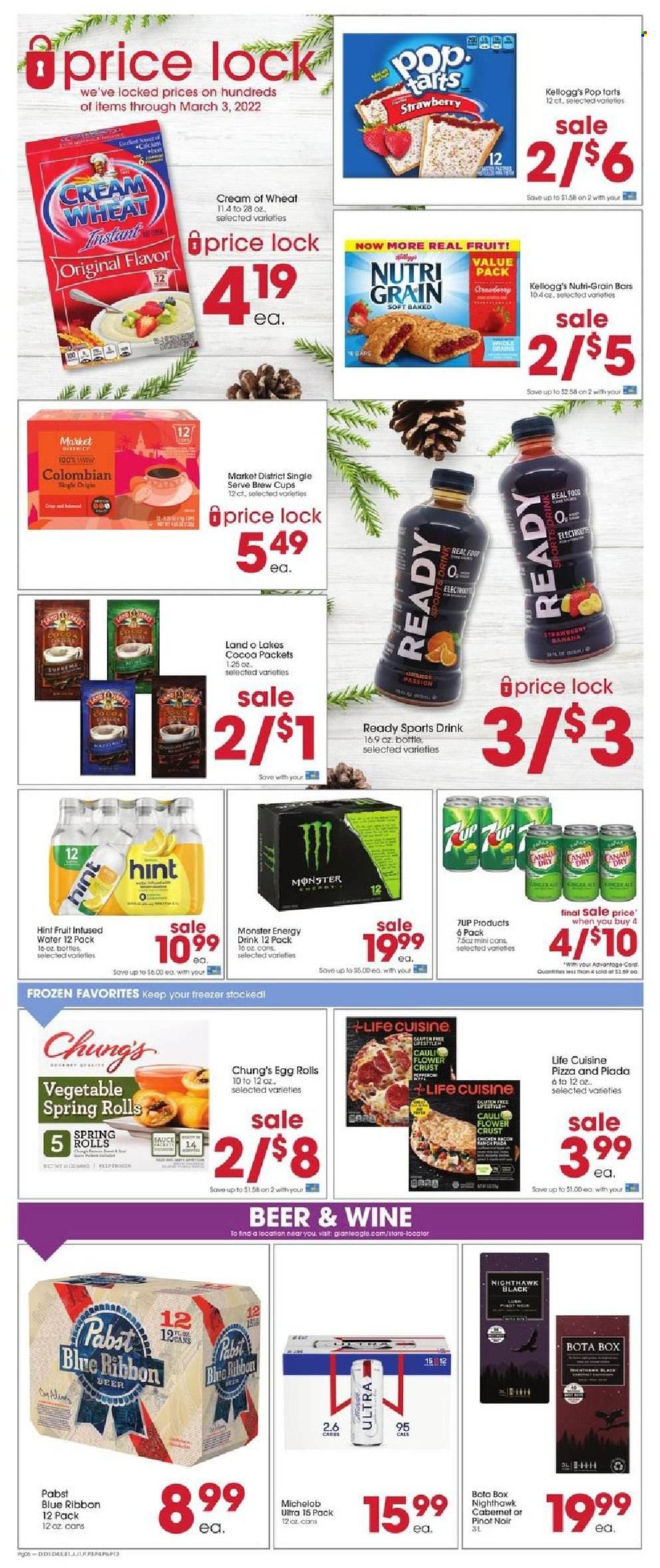 thumbnail - Giant Eagle Flyer - 01/20/2022 - 01/26/2022 - Sales products - pizza, sauce, egg rolls, spring rolls, Kellogg's, Pop-Tarts, cocoa, Cream of Wheat, Nutri-Grain, energy drink, Monster, Monster Energy, Cabernet Sauvignon, beer, Pabst Blue Ribbon, cup, Michelob. Page 5.