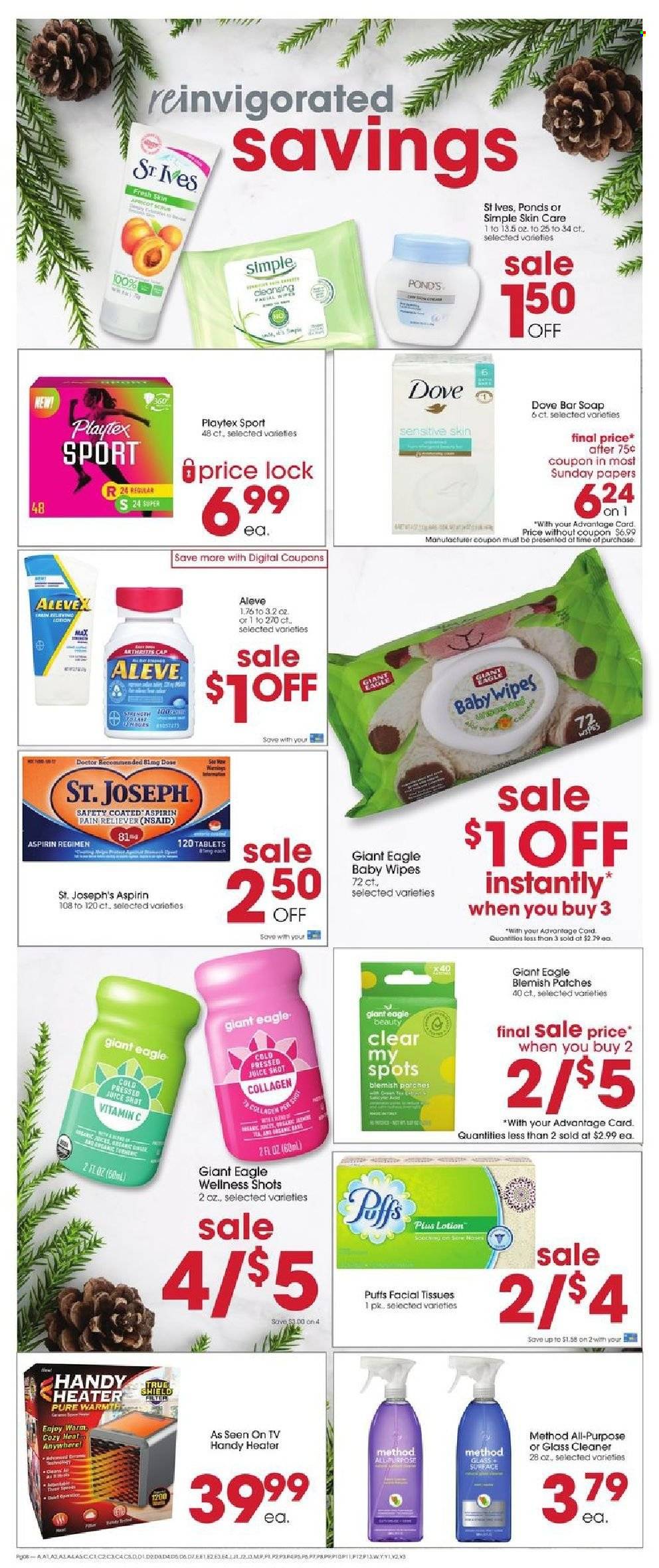 thumbnail - Giant Eagle Flyer - 01/20/2022 - 01/26/2022 - Sales products - puffs, oil, juice, wipes, baby wipes, Dove, tissues, cleaner, glass cleaner, soap bar, POND'S, soap, Playtex, facial tissues, Aleve, vitamin c, aspirin. Page 7.