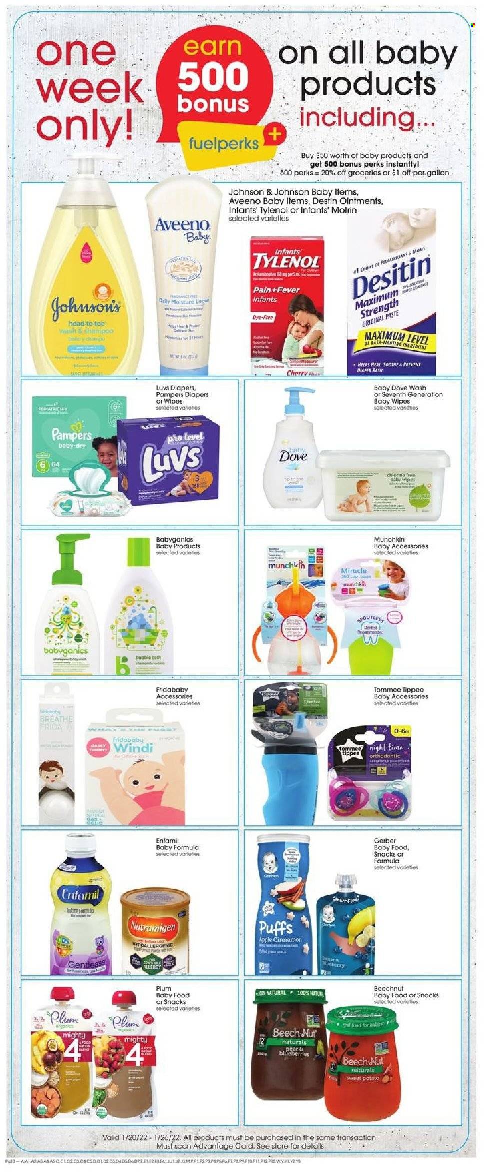 thumbnail - Giant Eagle Flyer - 01/20/2022 - 01/26/2022 - Sales products - puffs, blueberries, pears, Gerber, cinnamon, Enfamil, wipes, Pampers, baby wipes, nappies, Johnson's, Aveeno, Dove, bubble bath, body lotion, cup, Tylenol, Motrin, Desitin. Page 9.