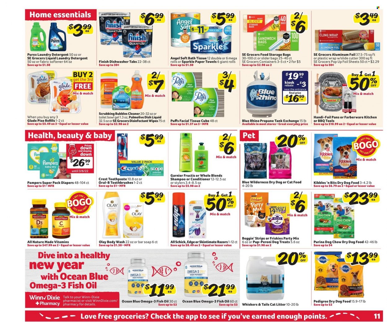 thumbnail - Winn Dixie Flyer - 01/19/2022 - 01/25/2022 - Sales products - puffs, Silk, strips, wipes, Pampers, nappies, bath tissue, kitchen towels, paper towels, detergent, Scrubbing Bubbles, cleaner, desinfection, fabric softener, laundry detergent, Purex, dishwashing liquid, body wash, shampoo, Palmolive, soap bar, soap, Oral-B, toothpaste, Crest, Garnier, Olay, conditioner, Fructis, Schick, bag, storage bag, aluminium foil, cutter, Glade, cat litter, tank, animal food, cat food, dog food, Dog Chow, Purina, Pedigree, dry dog food, Pup-Peroni, Beggin', Friskies, Blue Wilderness, fish oil, Nature Made, Omega-3, vitamin D3. Page 14.
