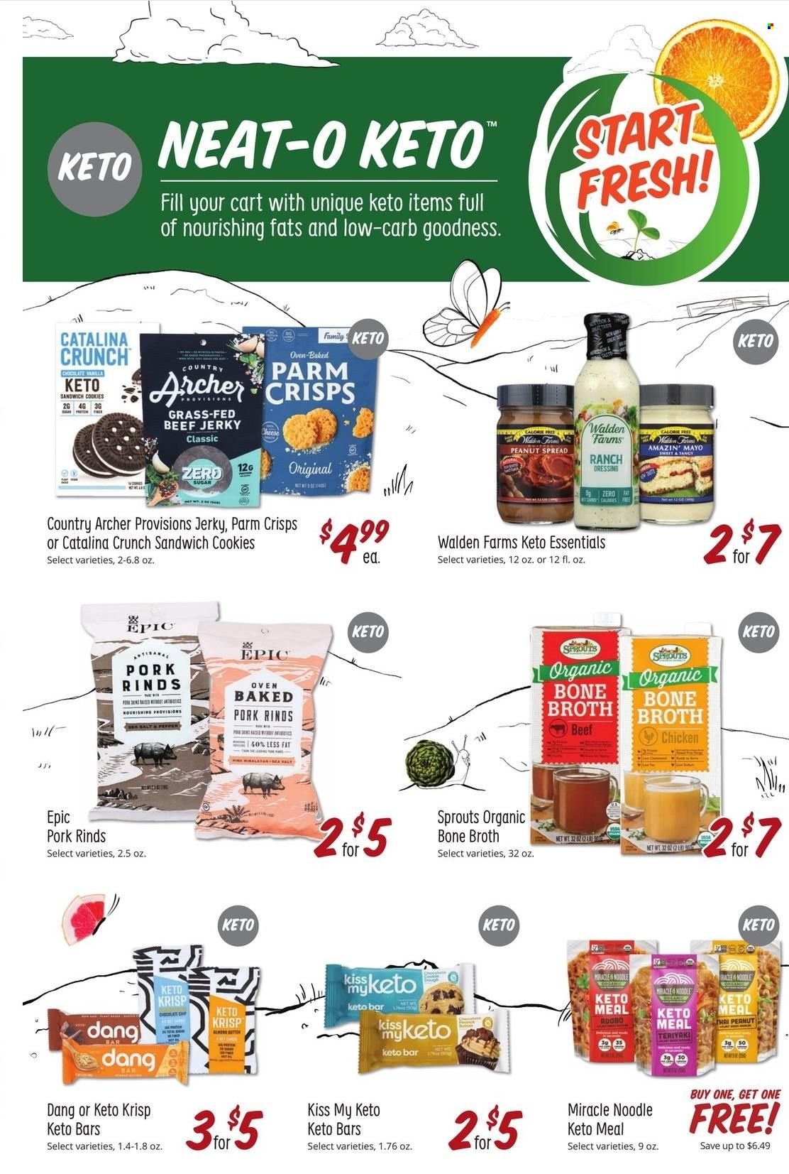 thumbnail - Sprouts Flyer - 01/19/2022 - 01/25/2022 - Sales products - sandwich, noodles, beef jerky, jerky, mayonnaise, ranch dressing, cookies, sandwich cookies, broth, pepper, dressing. Page 3.
