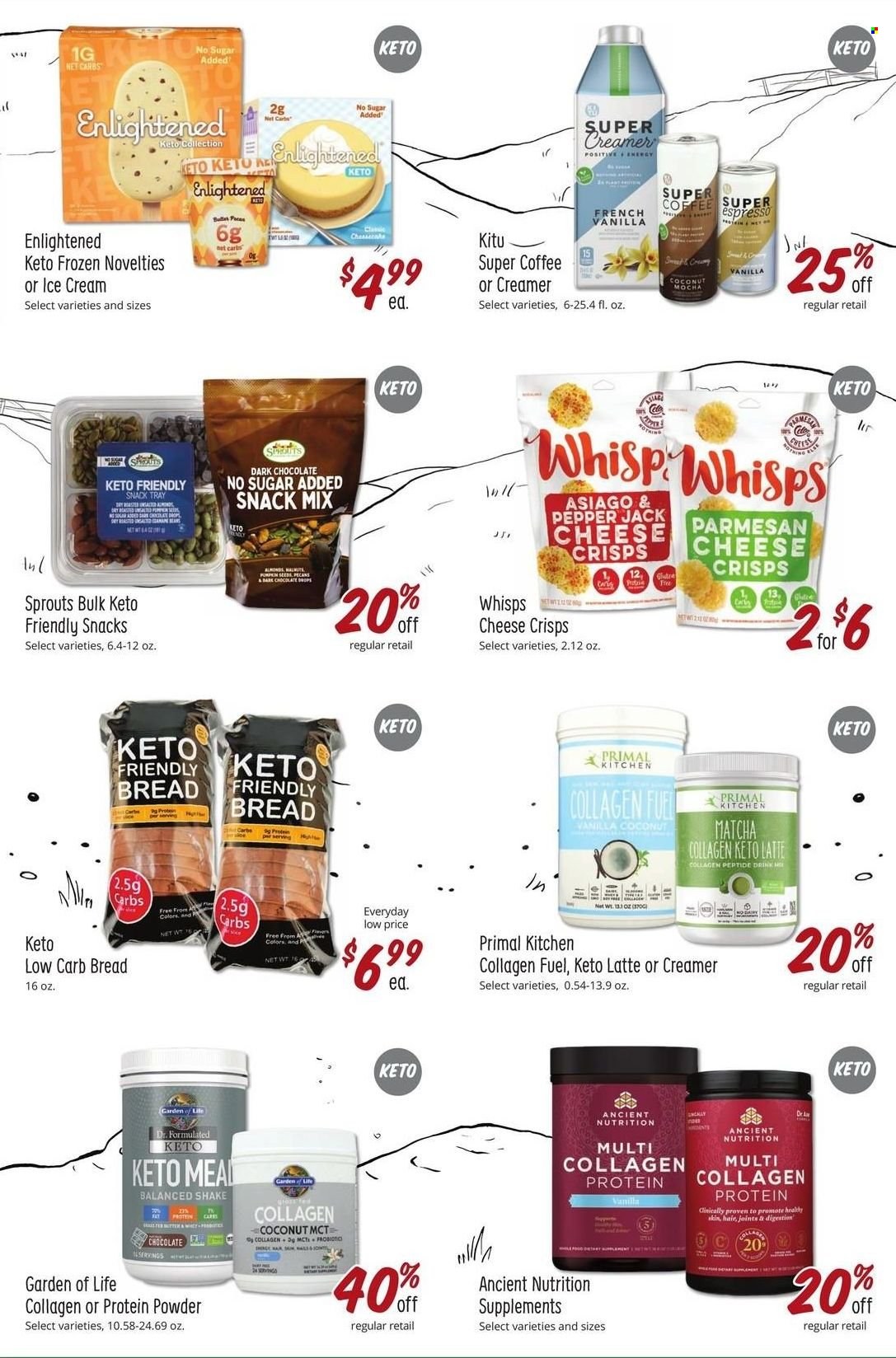 thumbnail - Sprouts Flyer - 01/19/2022 - 01/25/2022 - Sales products - bread, coconut, asiago, parmesan, Pepper Jack cheese, cheese, shake, creamer, ice cream, Enlightened lce Cream, dark chocolate, pecans, matcha, coffee, Primal, whey protein. Page 4.