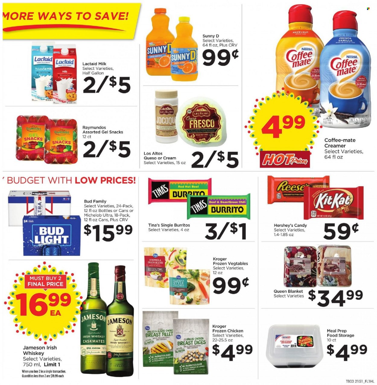 thumbnail - Food 4 Less Flyer - 01/19/2022 - 01/25/2022 - Sales products - storage box, burrito, Lactaid, cheese, Coffee-Mate, milk, creamer, Hershey's, Nestlé, chocolate, snack, KitKat, whiskey, irish whiskey, Jameson, whisky, beer, Bud Light, IPA, blanket, Michelob. Page 3.