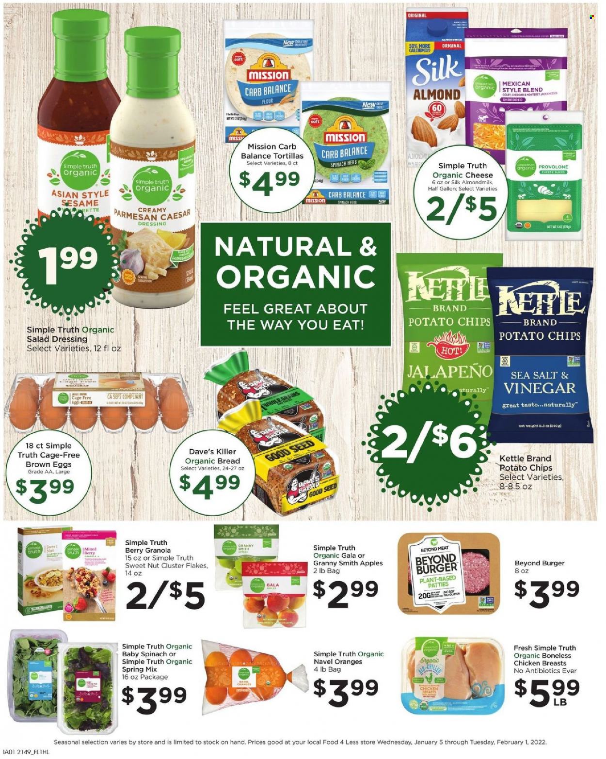 thumbnail - Food 4 Less Flyer - 01/19/2022 - 01/25/2022 - Sales products - bread, tortillas, jalapeño, apples, Gala, oranges, Granny Smith, sliced cheese, parmesan, Provolone, almond milk, Silk, eggs, cage free eggs, potato chips, chips, granola, herbs, caesar dressing, salad dressing, dressing, chicken breasts, navel oranges. Page 5.