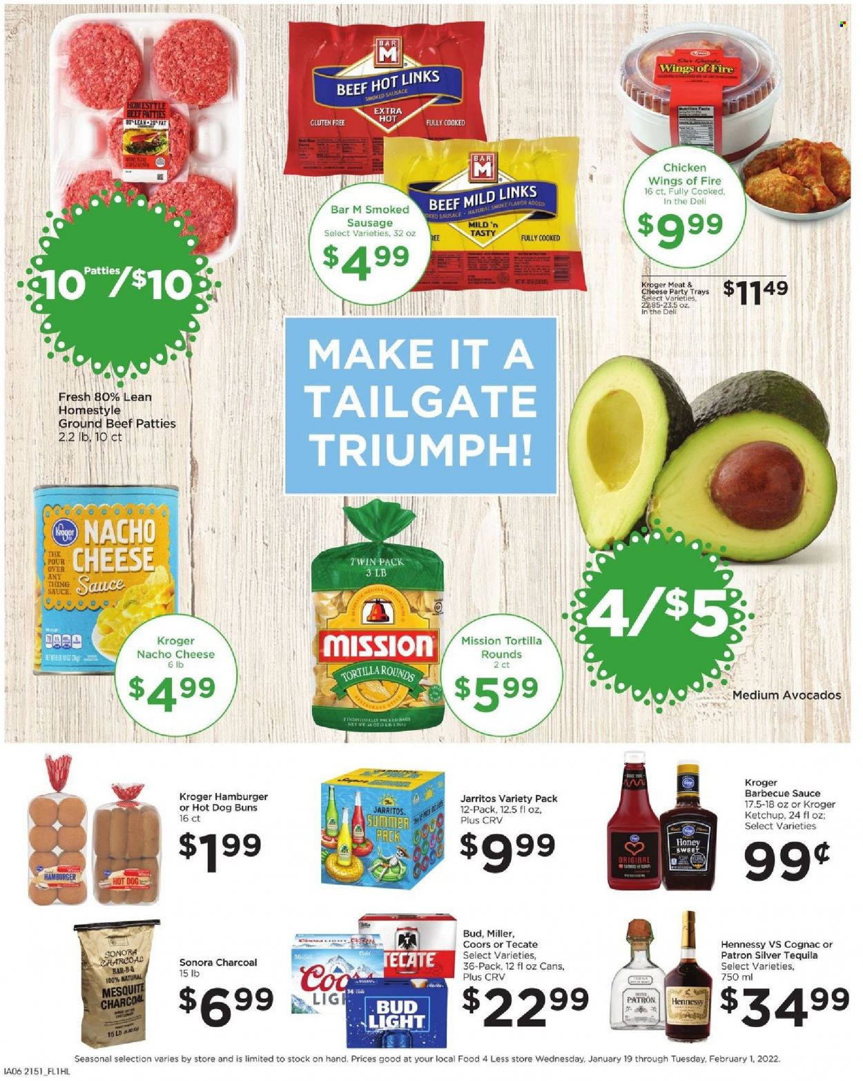 thumbnail - Food 4 Less Flyer - 01/19/2022 - 01/25/2022 - Sales products - tortillas, buns, avocado, sausage, smoked sausage, chicken wings, BBQ sauce, ketchup, honey, cognac, tequila, Hennessy, beer, Bud Light, Miller, beef meat, ground beef, charcoal, Coors. Page 6.