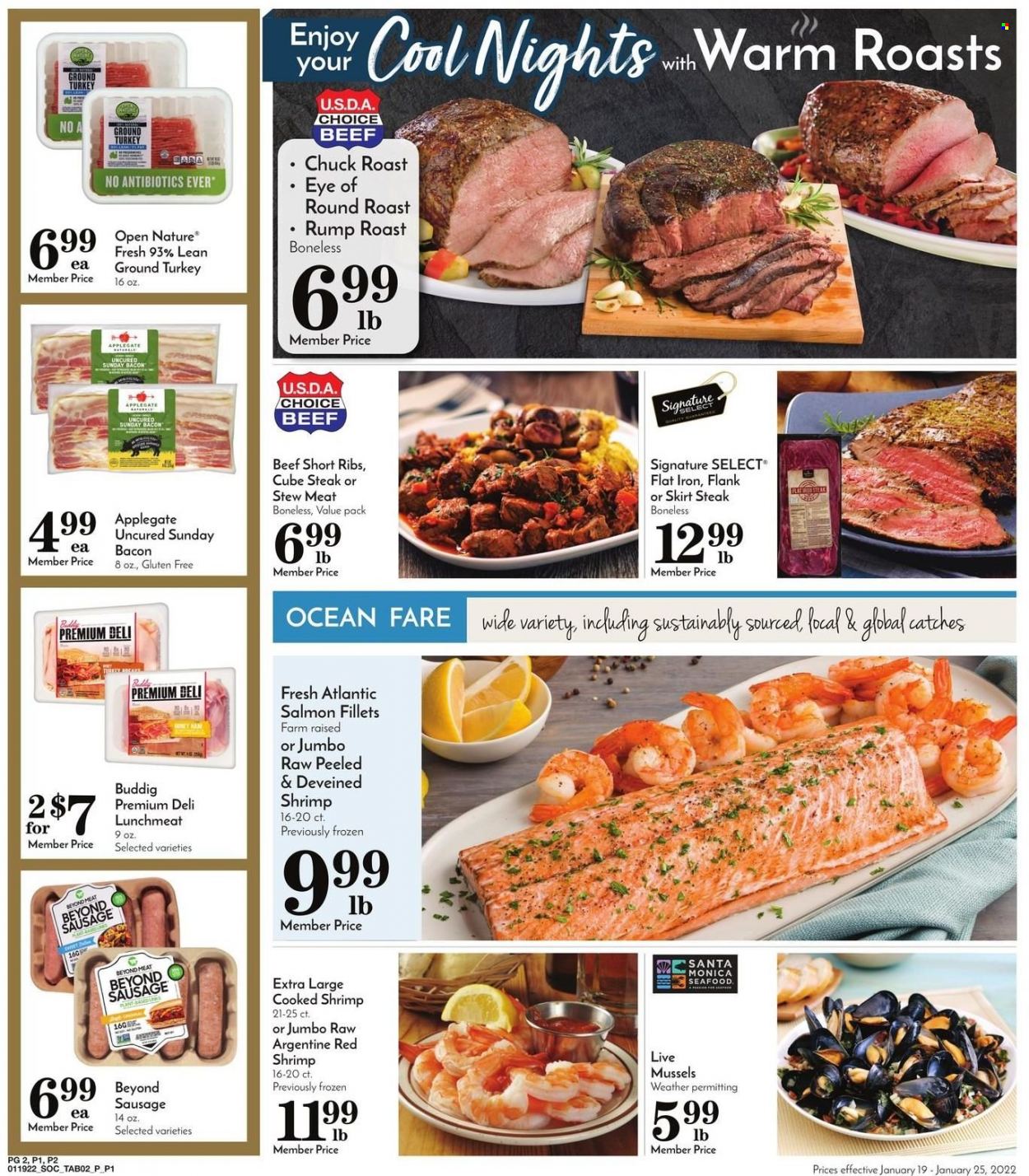 thumbnail - Pavilions Flyer - 01/19/2022 - 01/25/2022 - Sales products - stew meat, mussels, salmon, salmon fillet, seafood, shrimps, bacon, ham, sausage, lunch meat, Nature Fresh, ground turkey, beef meat, beef ribs, steak, eye of round, round roast, chuck roast. Page 4.