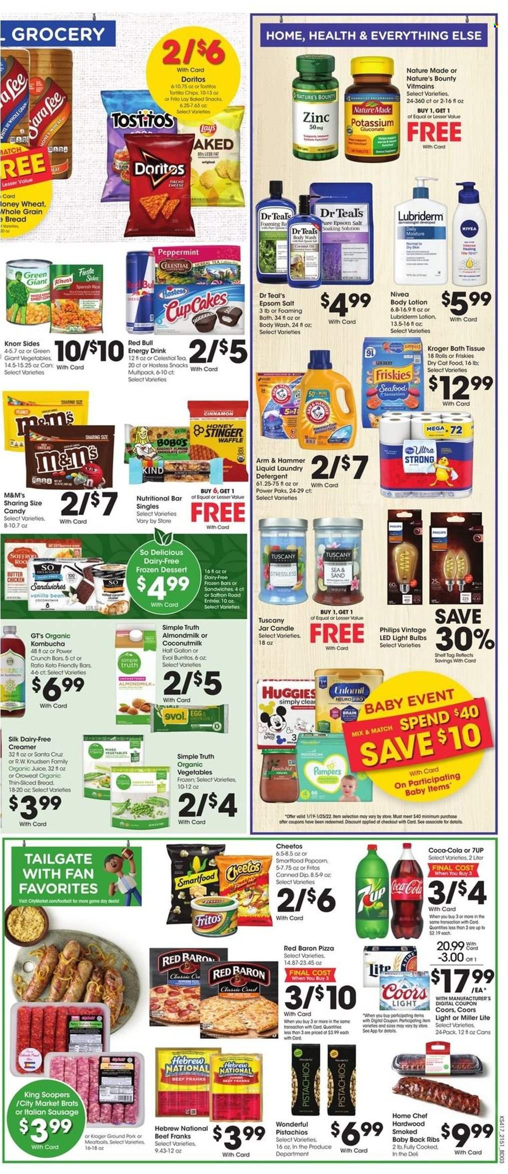 thumbnail - City Market Flyer - 01/19/2022 - 01/25/2022 - Sales products - bread, cupcake, coconut, pizza, sandwich, Knorr, burrito, sausage, italian sausage, almond milk, Silk, eggs, creamer, dip, Red Baron, snack, M&M's, Doritos, Fritos, Cheetos, Lay’s, Smartfood, popcorn, ARM & HAMMER, coconut milk, rice, cinnamon, honey, pistachios, Coca-Cola, juice, energy drink, 7UP, Red Bull, kombucha, tea, beer, ground pork, pork meat, pork ribs, pork back ribs, Huggies, Pampers, Nivea, bath tissue, detergent, laundry detergent, body wash, body lotion, Lubriderm, candle, bulb, light bulb, Philips, animal food, cat food, dry cat food, Friskies, LED light, Nature Made, Nature's Bounty, zinc, Miller Lite, Coors. Page 6.