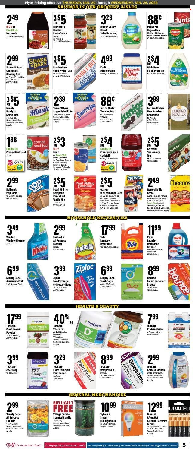 thumbnail - Big Y Flyer - 01/20/2022 - 01/26/2022 - Sales products - pears, tuna, beef hash, pasta sauce, Bumble Bee, sauce, pancakes, Quaker, Kraft®, corned beef, cheese, protein drink, shake, Miracle Whip, chocolate, Ferrero Rocher, Kellogg's, Pop-Tarts, RITZ, oatmeal, plant protein, cereals, Cheerios, granola bar, Cap'n Crunch, Quick Oats, rice, cilantro, marinade, cranberry juice, juice, tea, beef meat, peaches. Page 5.