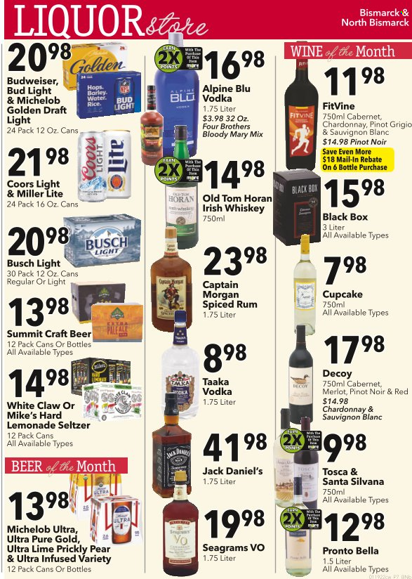thumbnail - Cash Wise Flyer - 01/19/2022 - 02/01/2022 - Sales products - cupcake, Jack Daniel's, Four Brothers, Santa, seltzer water, Cabernet Sauvignon, red wine, white wine, Chardonnay, wine, Merlot, Pinot Noir, Pinot Grigio, Sauvignon Blanc, Captain Morgan, rum, spiced rum, vodka, whiskey, irish whiskey, liquor, White Claw, whisky, beer, Busch, Bud Light, Budweiser, Miller Lite, Coors, Michelob. Page 1.