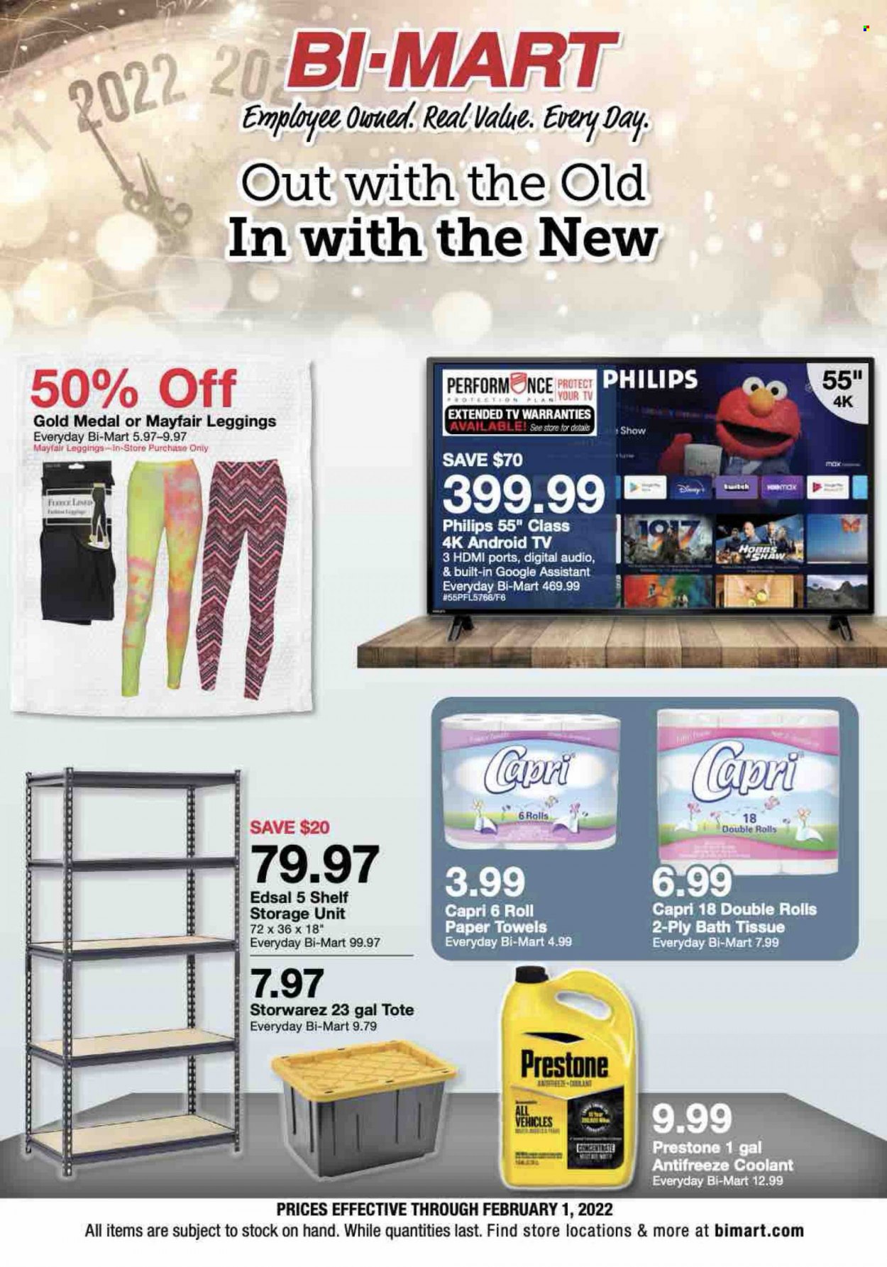 thumbnail - Bi-Mart Flyer - 01/19/2022 - 02/01/2022 - Sales products - storage box, shelves, tote, Philips, bath tissue, kitchen towels, paper towels, Android TV, TV, Medal, antifreeze, Prestone. Page 1.