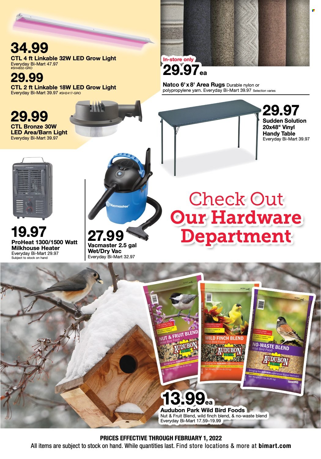 thumbnail - Bi-Mart Flyer - 01/19/2022 - 02/01/2022 - Sales products - table, knitting wool, animal food, bird food, vacuum cleaner, heater, vinyl, rug, area rug. Page 4.