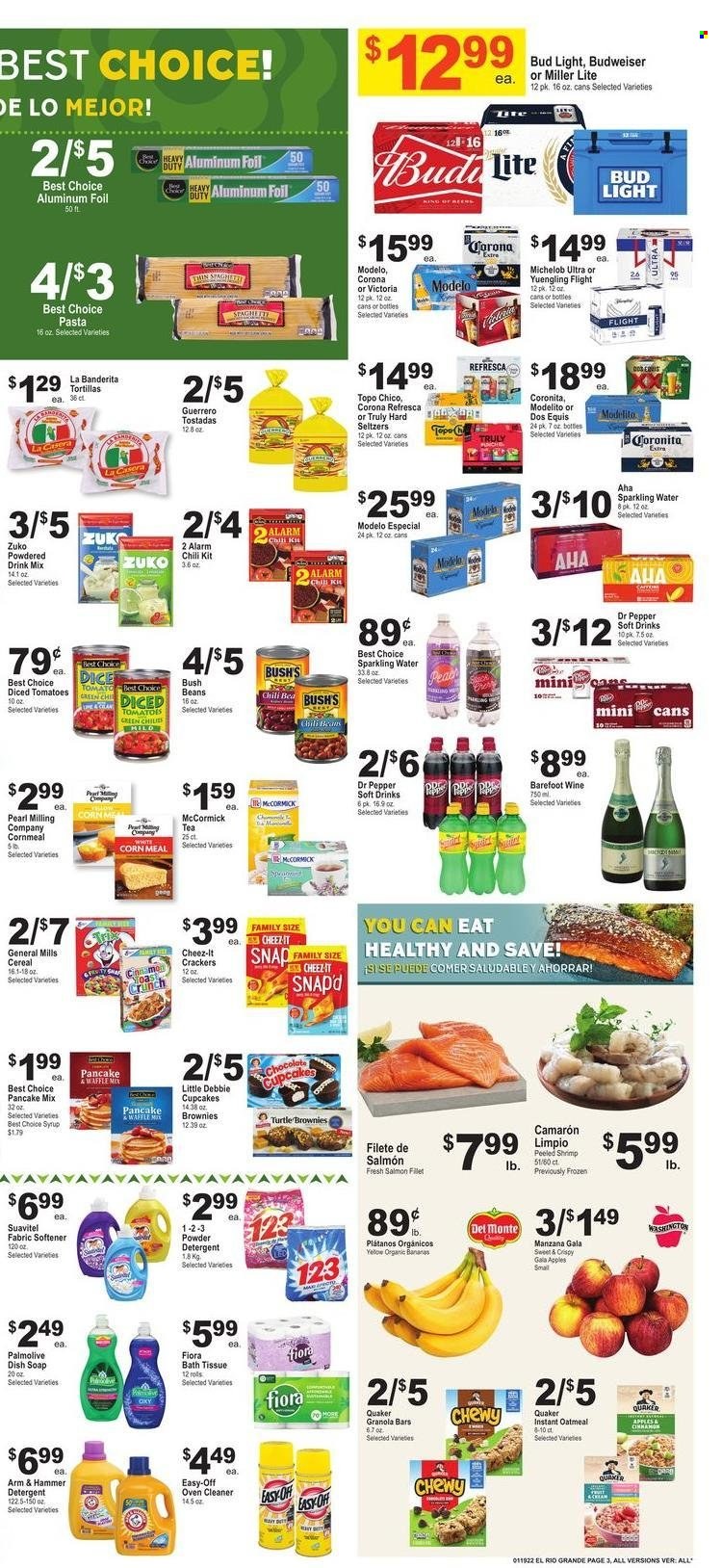 thumbnail - El Rio Grande Flyer - 01/19/2022 - 01/25/2022 - Sales products - tostadas, cupcake, brownies, pancake mix, beans, bananas, Gala, organic bananas, shrimps, pasta, Quaker, crackers, General Mills, bars, Cheez-It, salty snack, ARM & HAMMER, oatmeal, corn meal, diced tomatoes, Del Monte, cereals, granola bar, cinnamon, Dr. Pepper, soft drink, water, carbonated soft drink, powder drink, tea, wine, alcohol, Hard Seltzer, TRULY, beer, Budweiser, Bud Light, Corona Extra, Modelo, Topo Chico, Miller Lite, Dos Equis, Yuengling, Michelob. Page 3.