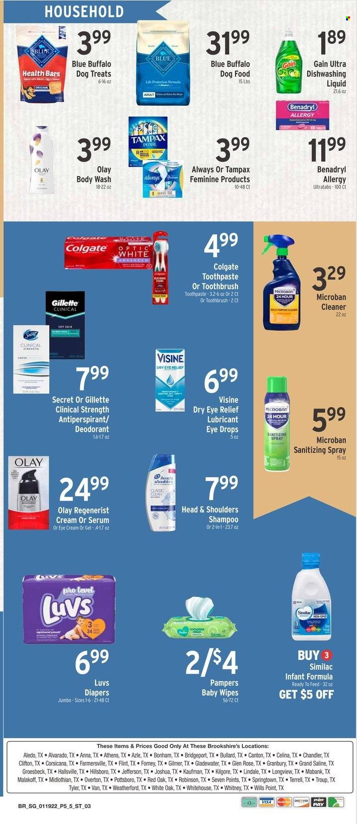 thumbnail - Brookshires Flyer - 01/19/2022 - 01/25/2022 - Sales products - wine, rosé wine, Similac, wipes, Pampers, baby wipes, nappies, Gain, cleaner, dishwashing liquid, body wash, shampoo, Colgate, toothbrush, toothpaste, Tampax, serum, Olay, eye cream, Head & Shoulders, anti-perspirant, deodorant, Gillette, lubricant, animal food, Blue Buffalo, dog food, eye drops. Page 5.
