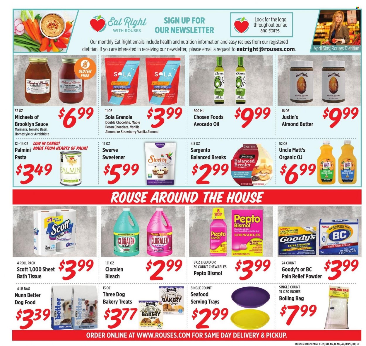 thumbnail - Rouses Markets Flyer - 01/19/2022 - 01/26/2022 - Sales products - hearts of palm, seafood, pasta, sauce, Sargento, almond butter, chocolate, sweetener, granola, esponja, avocado oil, oil, orange juice, juice, beer, bath tissue, Scott, bleach, animal food, dog food, pain relief, headache powders, aspirin. Page 8.