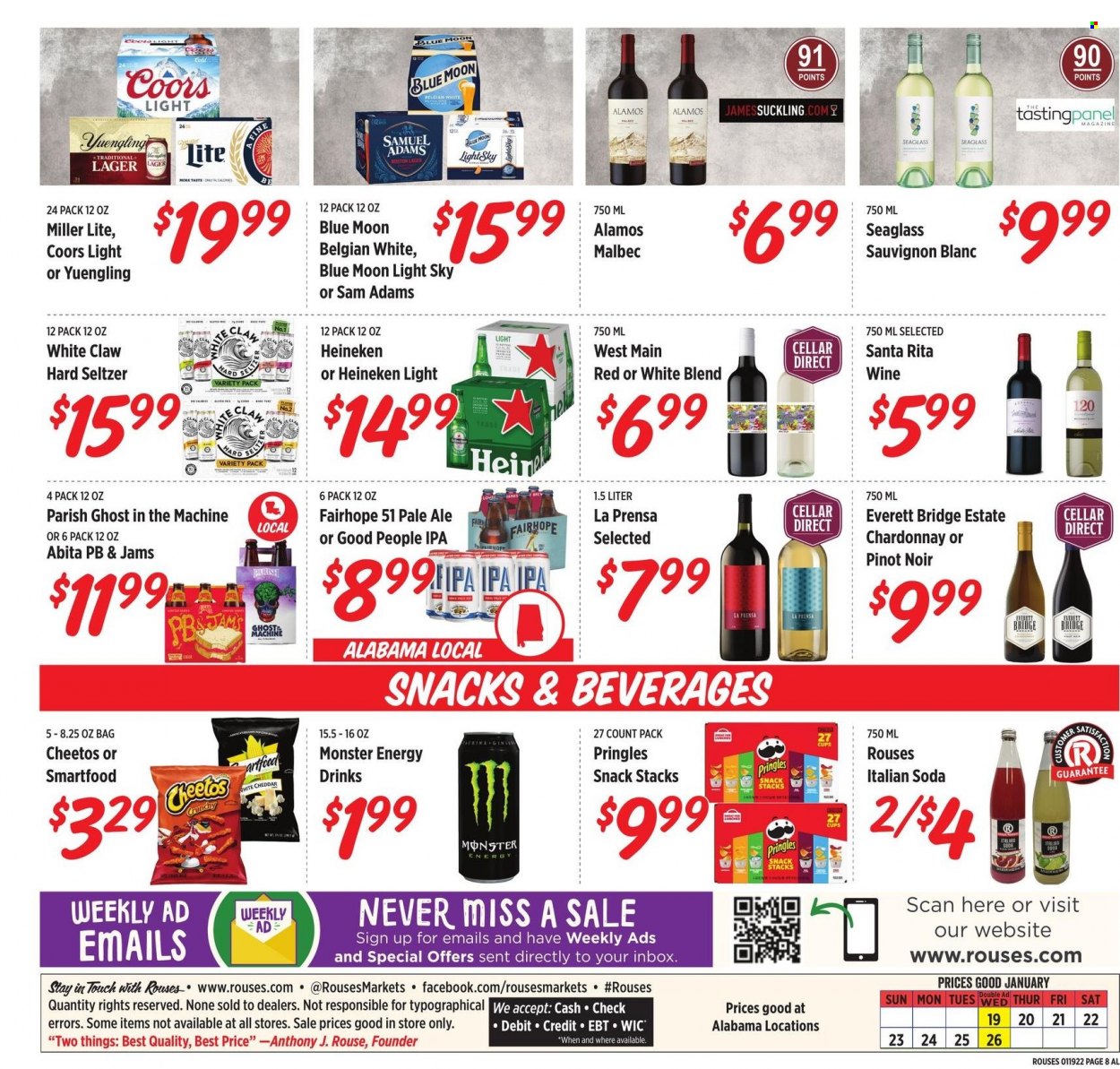 thumbnail - Rouses Markets Flyer - 01/19/2022 - 01/26/2022 - Sales products - cheddar, cheese, snack, Pringles, Cheetos, Smartfood, Monster, Monster Energy, soda, red wine, white wine, Chardonnay, wine, Pinot Noir, Sauvignon Blanc, White Claw, Hard Seltzer, beer, Heineken, Lager, IPA, Miller Lite, Coors, Blue Moon, Yuengling. Page 9.