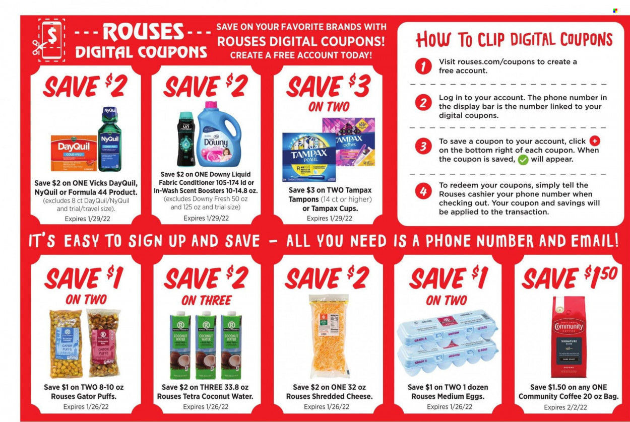 thumbnail - Rouses Markets Flyer - 01/19/2022 - 01/26/2022 - Sales products - puffs, shredded cheese, eggs, cinnamon, coconut water, coffee, scent booster, Downy Laundry, Tampax, tampons, Vicks, DayQuil, NyQuil. Page 10.