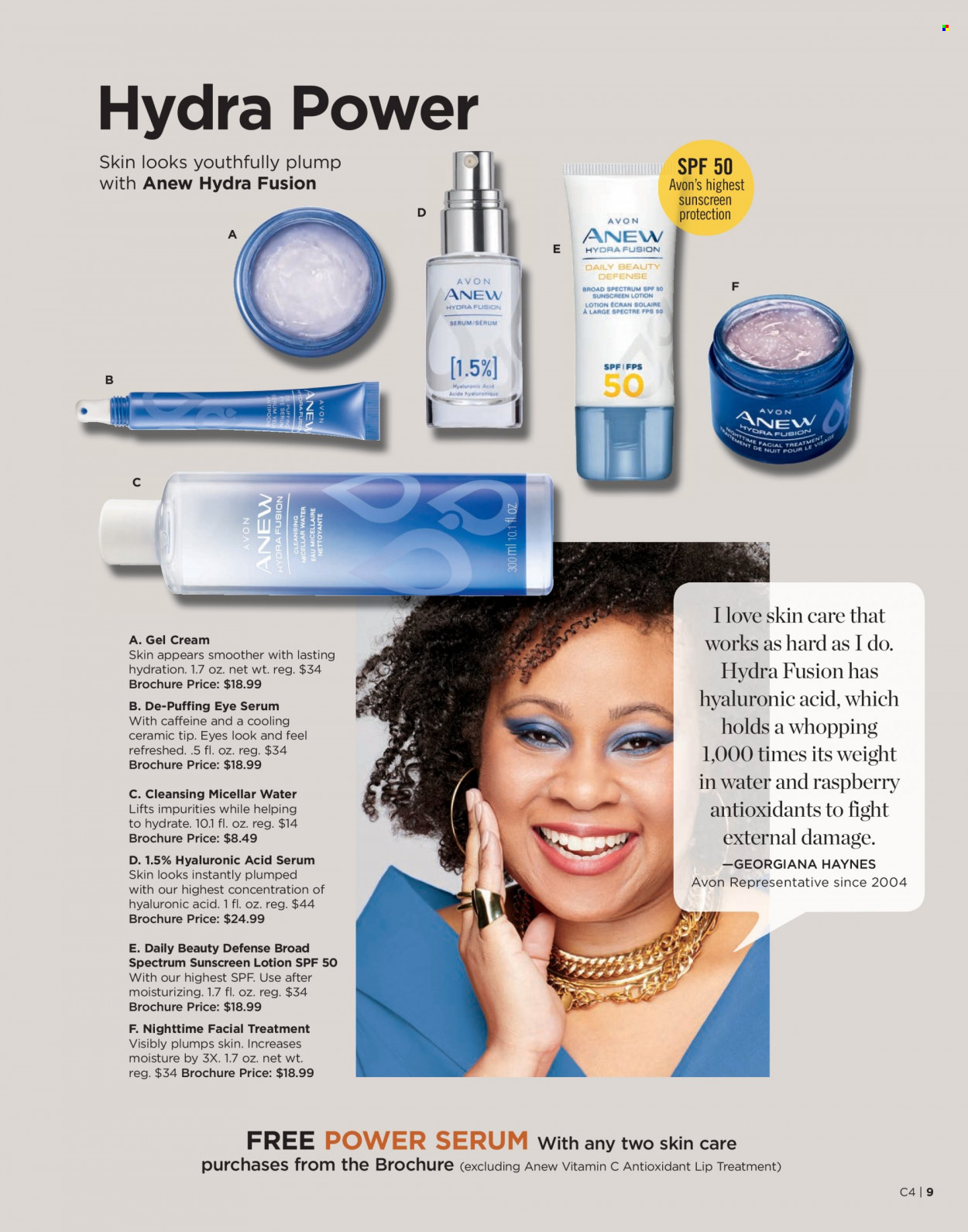 thumbnail - Avon Flyer - 01/18/2022 - 01/31/2022 - Sales products - Avon, Anew, gel cream, micellar water, serum, body lotion, sunscreen lotion. Page 9.