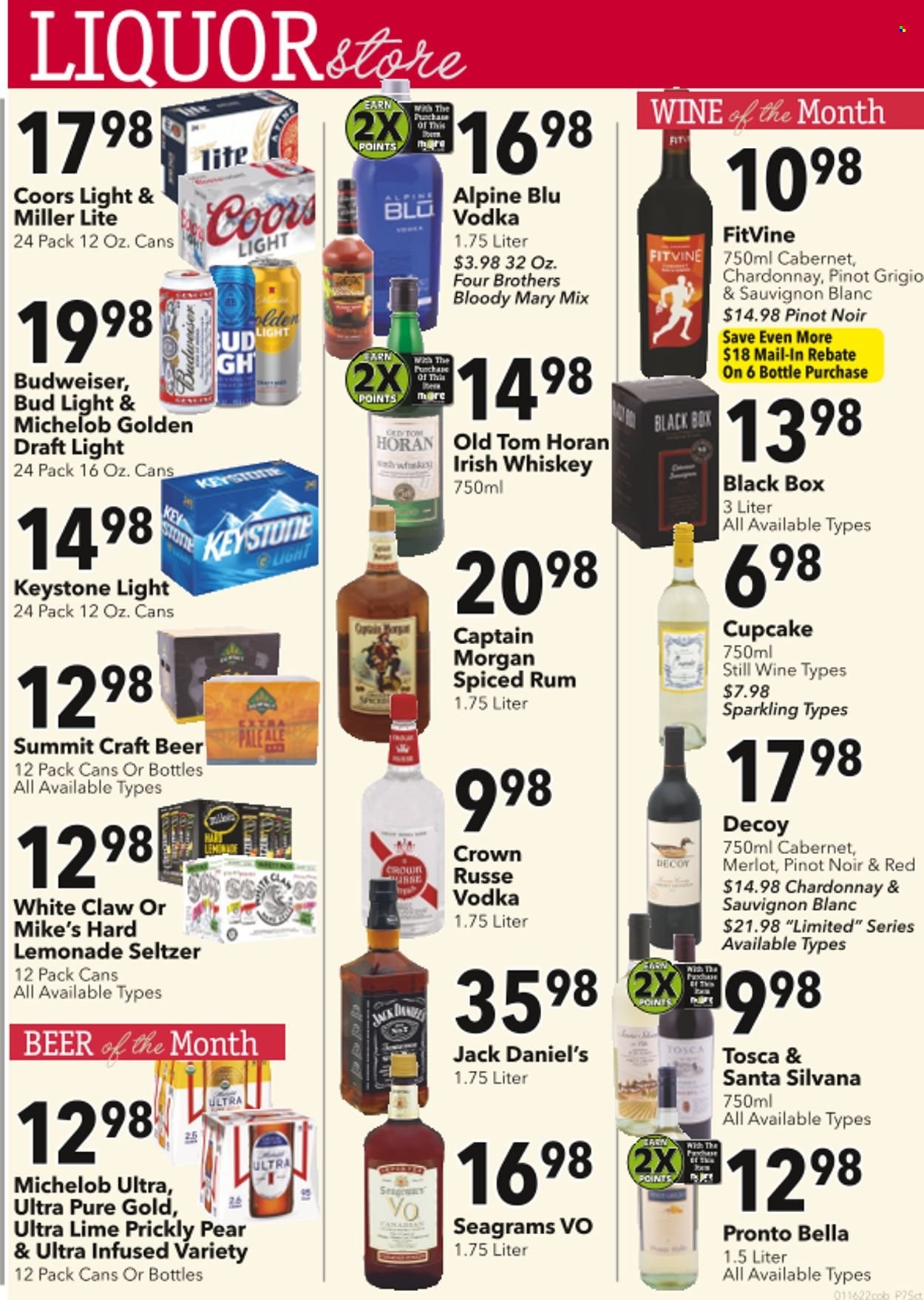 thumbnail - Coborn's Flyer - 01/19/2022 - 01/25/2022 - Sales products - cupcake, Jack Daniel's, Four Brothers, Santa, seltzer water, Cabernet Sauvignon, red wine, white wine, Chardonnay, wine, Merlot, Pinot Noir, Pinot Grigio, Sauvignon Blanc, Captain Morgan, rum, spiced rum, vodka, whiskey, irish whiskey, liquor, White Claw, whisky, beer, Bud Light, Keystone, Budweiser, Miller Lite, Coors, Michelob. Page 1.