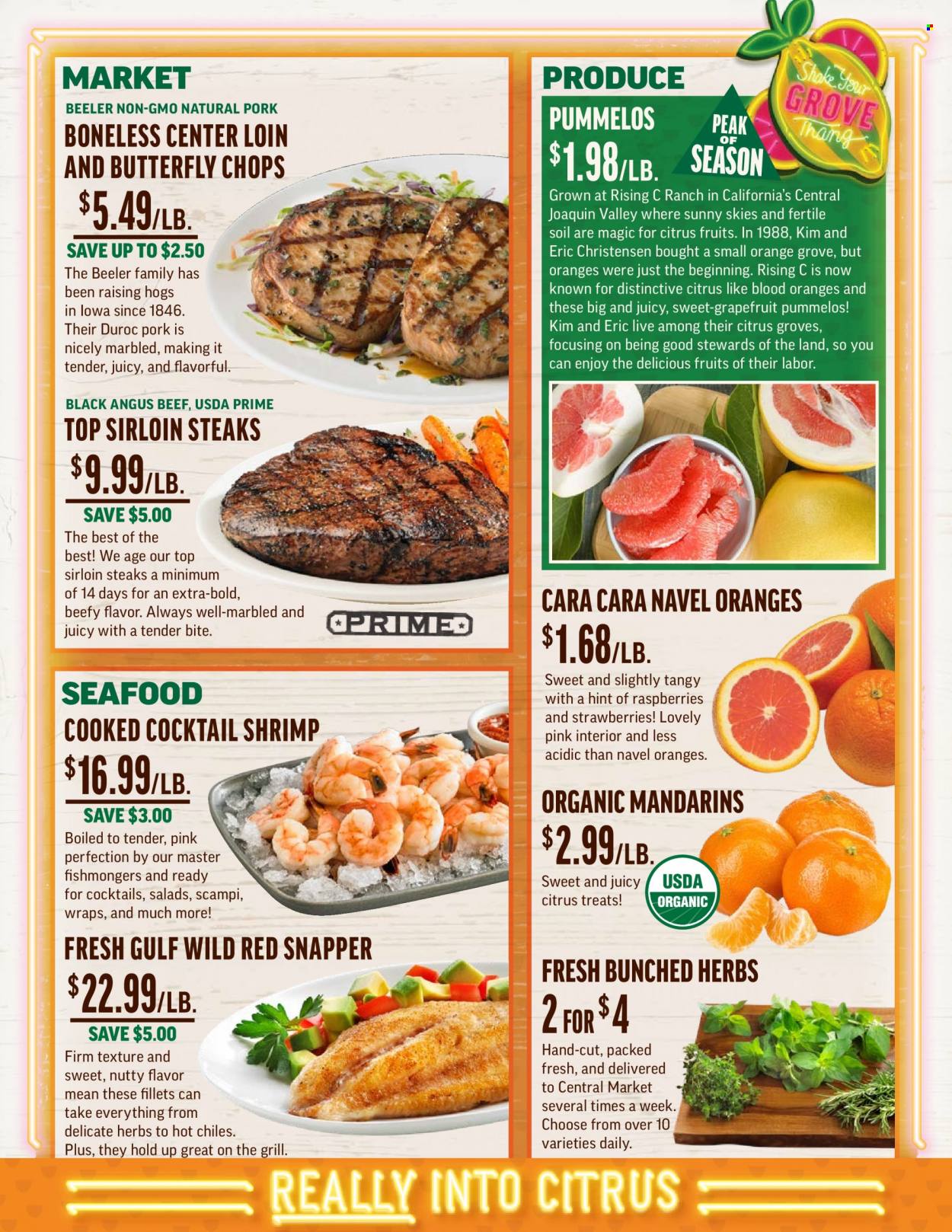 thumbnail - Central Market Flyer - 01/19/2022 - 01/25/2022 - Sales products - wraps, grapefruits, mandarines, strawberries, oranges, red snapper, seafood, shrimps, herbs, beef meat, steak, sirloin steak, navel oranges. Page 3.