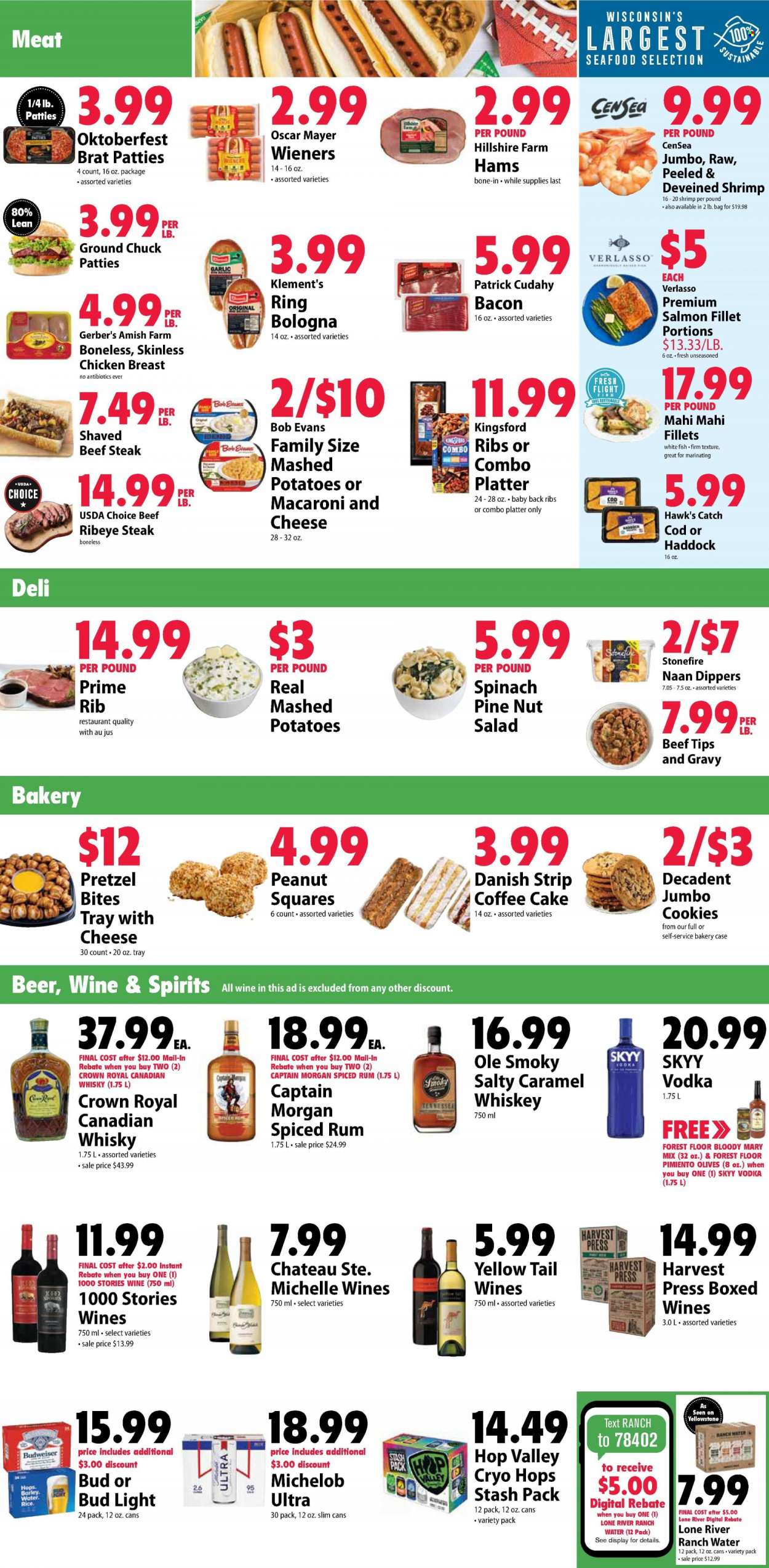 thumbnail - Festival Foods Flyer - 01/19/2022 - 01/25/2022 - Sales products - pretzels, cake, coffee cake, garlic, salad, cod, mahi mahi, salmon, salmon fillet, whitefish, haddock, seafood, fish, shrimps, macaroni & cheese, mashed potatoes, Bob Evans, Hillshire Farm, bologna sausage, Oscar Mayer, cookies, olives, canadian whisky, Captain Morgan, rum, spiced rum, vodka, whiskey, SKYY, whisky, beer, Bud Light, chicken breasts, beef meat, beef steak, ground chuck, steak, ribeye steak, pork meat, pork ribs, pork back ribs, Budweiser, Michelob. Page 2.