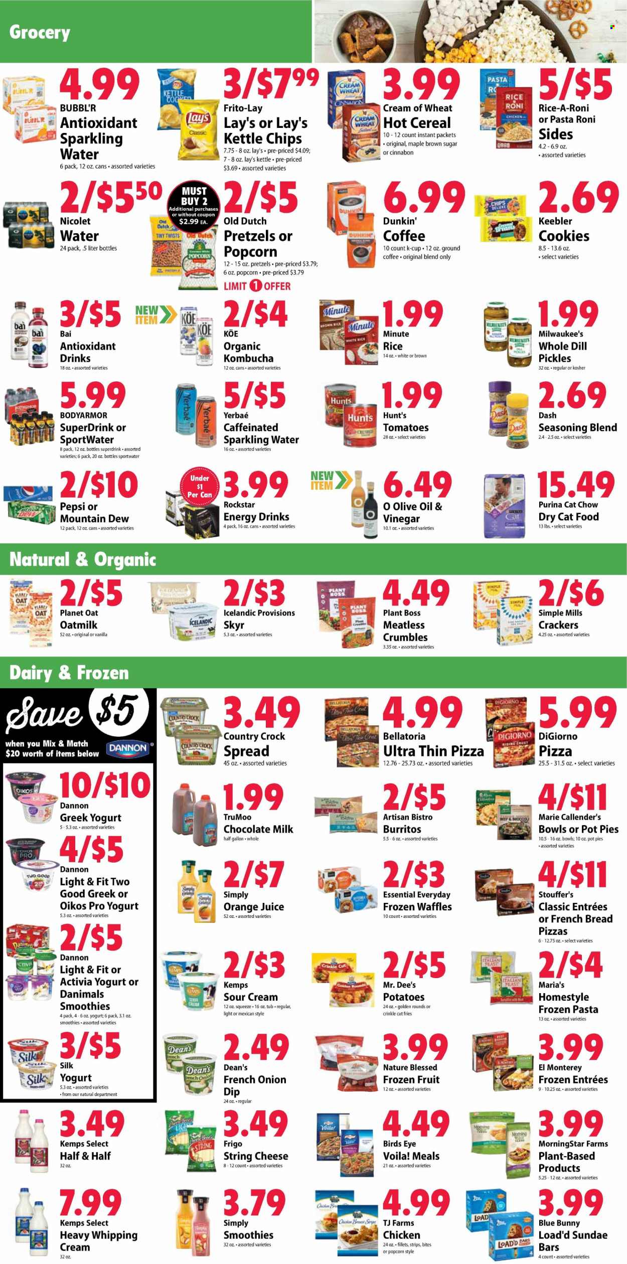 thumbnail - Festival Foods Flyer - 01/19/2022 - 01/25/2022 - Sales products - bread, pretzels, french bread, pot pie, waffles, potatoes, onion, pizza, Bird's Eye, burrito, MorningStar Farms, Marie Callender's, string cheese, Kemps, greek yoghurt, yoghurt, Activia, Oikos, Dannon, Danimals, milk, Silk, oat milk, sour cream, whipping cream, dip, Blue Bunny, strips, Stouffer's, potato fries, Bellatoria, cookies, milk chocolate, chocolate, crackers, Keebler, Lay’s, popcorn, Frito-Lay, cane sugar, oats, pickles, cereals, Cream of Wheat, rice, dill, spice, olive oil, oil, Mountain Dew, Pepsi, orange juice, juice, energy drink, Bai, Rockstar, smoothie, sparkling water, kombucha, coffee, ground coffee, coffee capsules, K-Cups, Half and half. Page 3.