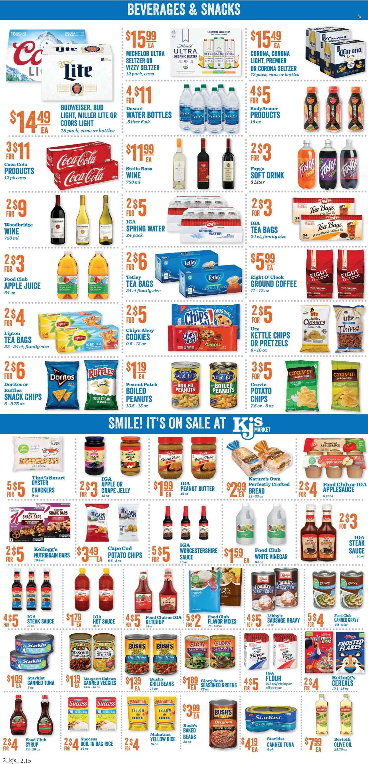 thumbnail - KJ´s Market Flyer - 01/19/2022 - 01/25/2022 - Sales products - bread, pretzels, collard greens, green beans, pears, oranges, cod, tuna, oysters, StarKist, sausage gravy, soup, Bertolli, sausage, dip, Reese's, cookies, snack, jelly, crackers, Kellogg's, snack bar, Nutri-Grain bars, dill pickle, Doritos, potato chips, chips, Thins, Ruffles, all purpose flour, flour, sugar, oyster crackers, canned tuna, pinto beans, chili beans, baked beans, cereals, Frosted Flakes, rice, white rice, dill, cinnamon, steak sauce, worcestershire sauce, hot sauce, ketchup, chilli sauce, peanut oil, olive oil, oil, apple jelly, apple sauce, grape jelly, peanut butter, syrup, peanuts, apple juice, Coca-Cola, juice, Lipton, soft drink, spring water, tea bags, coffee, ground coffee, Eight O'Clock, Woodbridge, beer, Bud Light, Corona Extra, steak, drink bottle, cup, Nature's Own, Budweiser, Miller Lite, Coors, Michelob. Page 2.