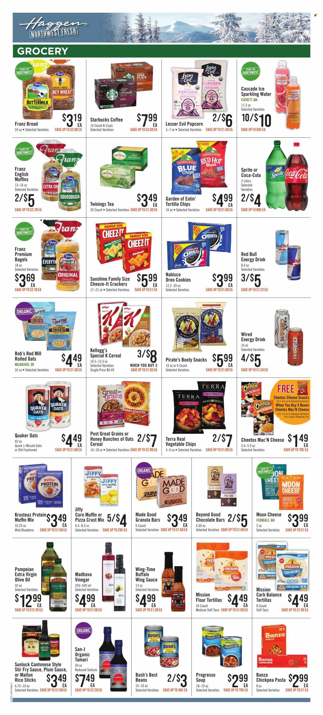 thumbnail - Haggen Flyer - 01/19/2022 - 02/01/2022 - Sales products - bagels, bread, english muffins, flour tortillas, muffin mix, corn, eel, pizza, pasta, Quaker, Progresso, Oreo, buttermilk, Sunshine, cookies, snack, crackers, Kellogg's, chocolate bar, tortilla chips, Cheetos, chips, popcorn, vegetable chips, corn muffin, cereals, rolled oats, granola bar, rice, wing sauce, extra virgin olive oil, olive oil, oil, raisins, pecans, Coca-Cola, Sprite, energy drink, Red Bull, sparkling water, tea, Twinings, coffee, Starbucks, coffee capsules, K-Cups, Keurig, Cascade, Jiffy. Page 2.