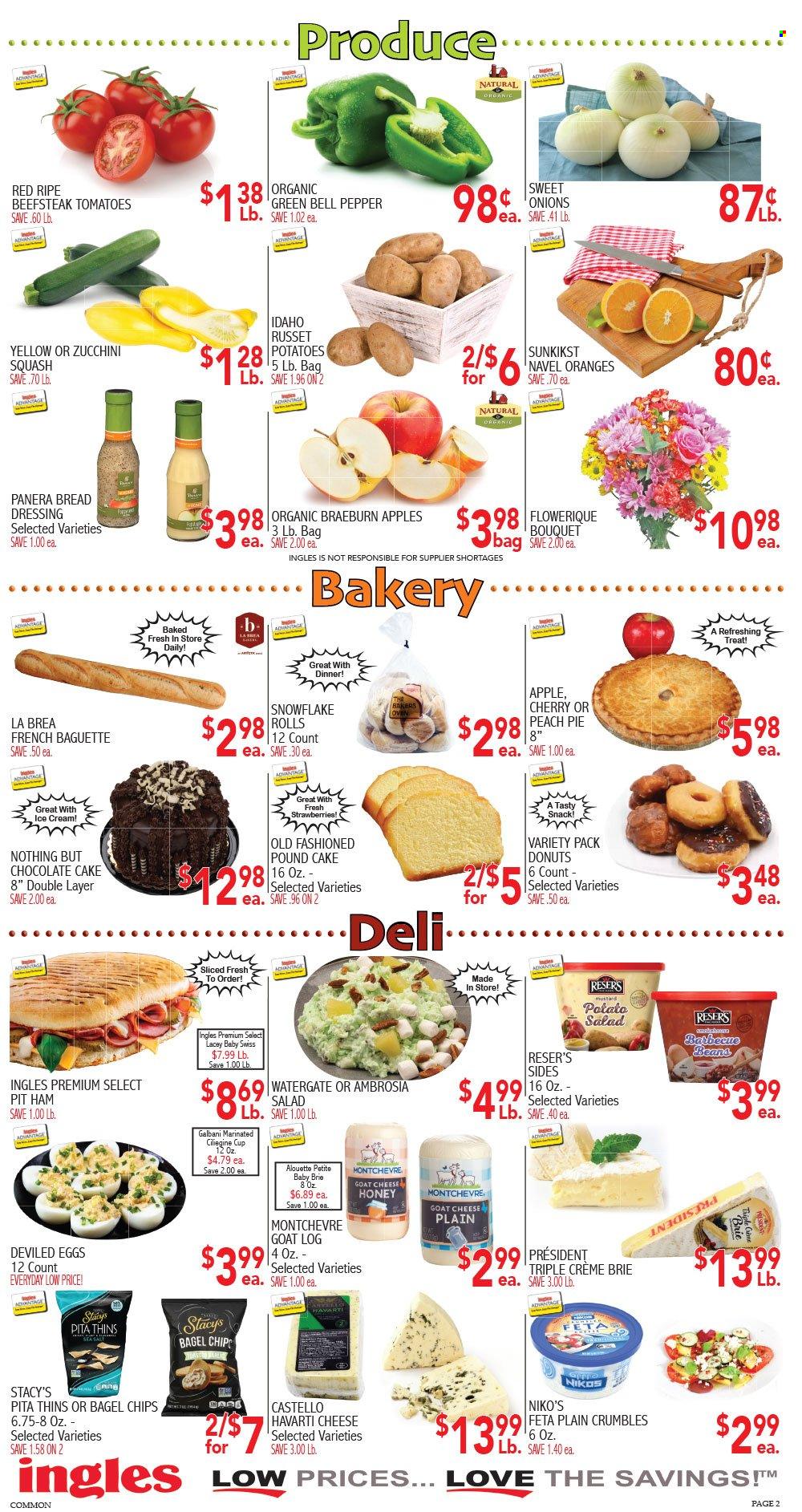 thumbnail - Ingles Flyer - 01/19/2022 - 01/25/2022 - Sales products - bagels, baguette, bread, pie, donut, pound cake, chocolate cake, beans, bell peppers, russet potatoes, tomatoes, zucchini, potatoes, salad, apples, strawberries, oranges, boneless pit hams, ham, potato salad, goat cheese, Havarti, brie, Président, feta, Galbani, Montchevre, eggs, ice cream, snack, chips, Thins, mustard, dressing, honey, cup, navel oranges. Page 2.