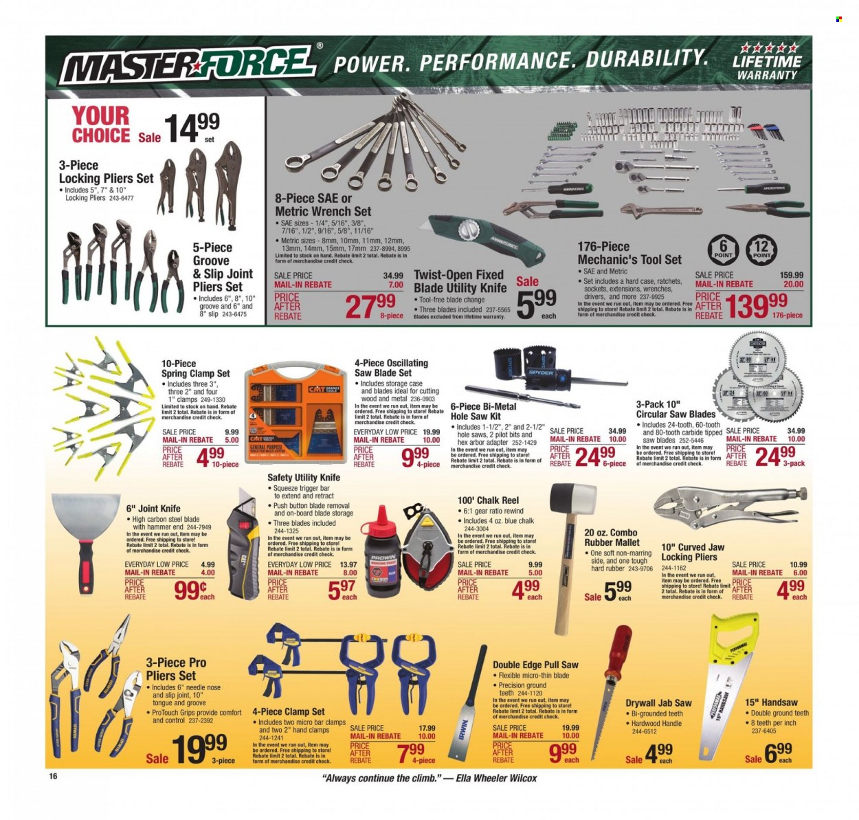 thumbnail - Menards Flyer - 01/20/2022 - 02/06/2022 - Sales products - eraser, Pilot, hammer, circular saw blade, pliers, tool set, wrench set, handsaw, mechanic's tools, clamp set, utility knife. Page 18.