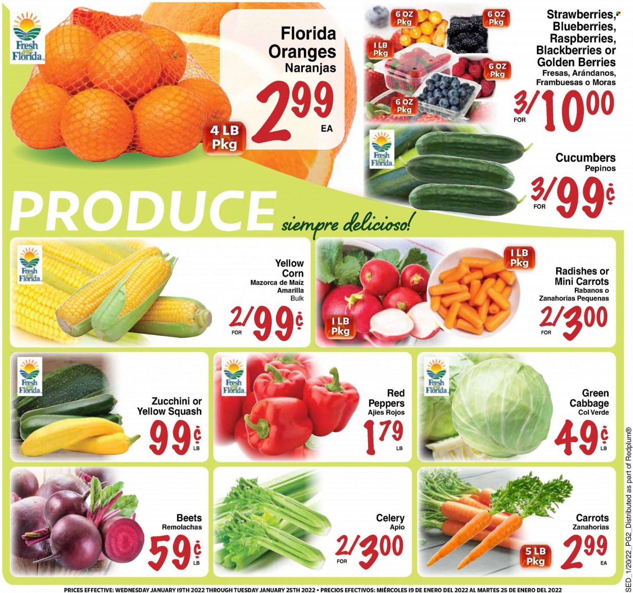 thumbnail - Sedano's Flyer - 01/19/2022 - 01/25/2022 - Sales products - cabbage, carrots, celery, corn, cucumber, radishes, zucchini, yellow squash, blackberries, blueberries, strawberries, oranges. Page 2.