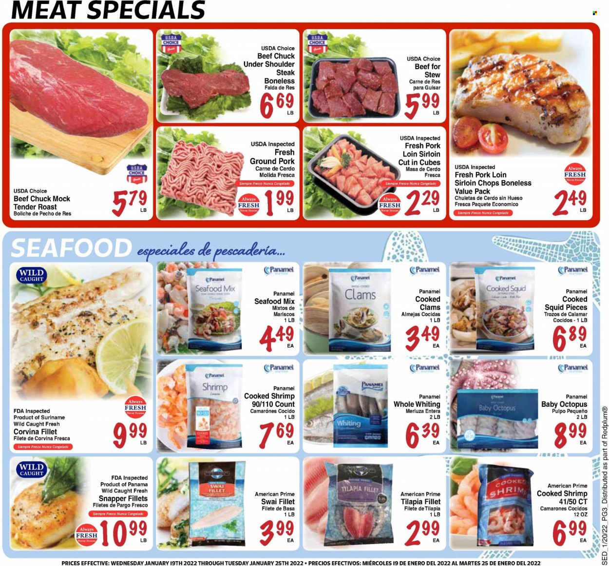 thumbnail - Sedano's Flyer - 01/19/2022 - 01/25/2022 - Sales products - clams, squid, tilapia, octopus, seafood, shrimps, whiting, swai fillet, steak, ground pork, pork loin, pork meat. Page 3.