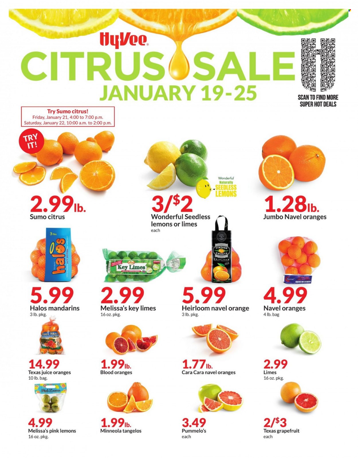 thumbnail - Hy-Vee Flyer - 01/19/2022 - 01/25/2022 - Sales products - tangelos, grapefruits, limes, mandarines, oranges, juice, lemons, sumo citrus, navel oranges. Page 1.