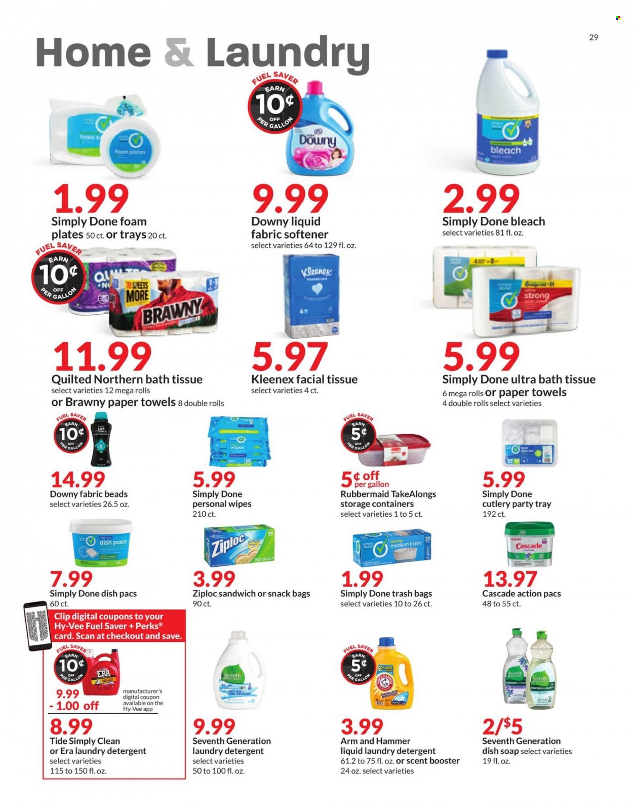 thumbnail - Hy-Vee Flyer - 01/19/2022 - 01/25/2022 - Sales products - sandwich, wipes, bath tissue, Kleenex, Quilted Northern, kitchen towels, paper towels, detergent, bleach, Cascade, Tide, fabric softener, laundry detergent, Downy Laundry, soap, bag, Ziploc, trash bags, plate, storage box, foam plates, hammer. Page 29.