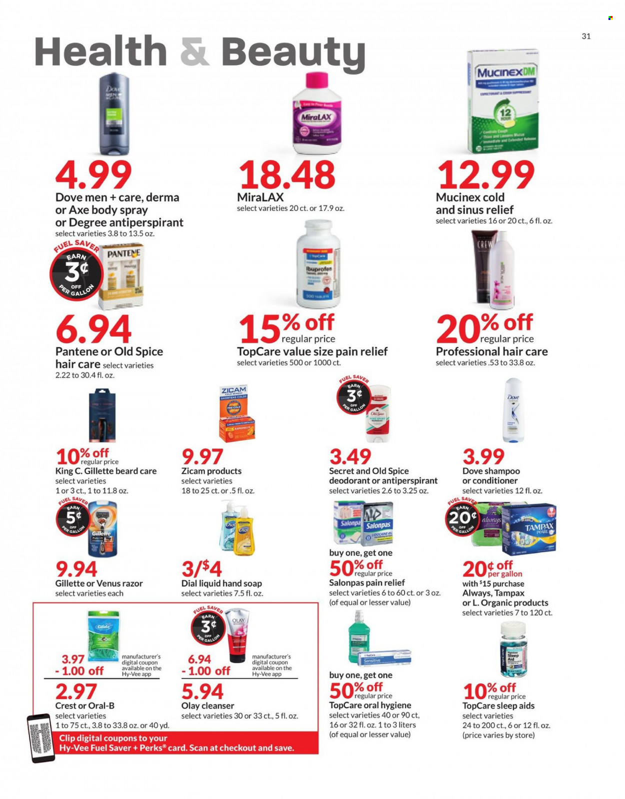 thumbnail - Hy-Vee Flyer - 01/19/2022 - 01/25/2022 - Sales products - spice, Dove, shampoo, hand soap, Old Spice, Dial, soap, Oral-B, Crest, Tampax, cleanser, Olay, conditioner, Pantene, body spray, anti-perspirant, deodorant, Gillette, razor, Venus, pain relief, MiraLAX, Mucinex, Ibuprofen. Page 31.