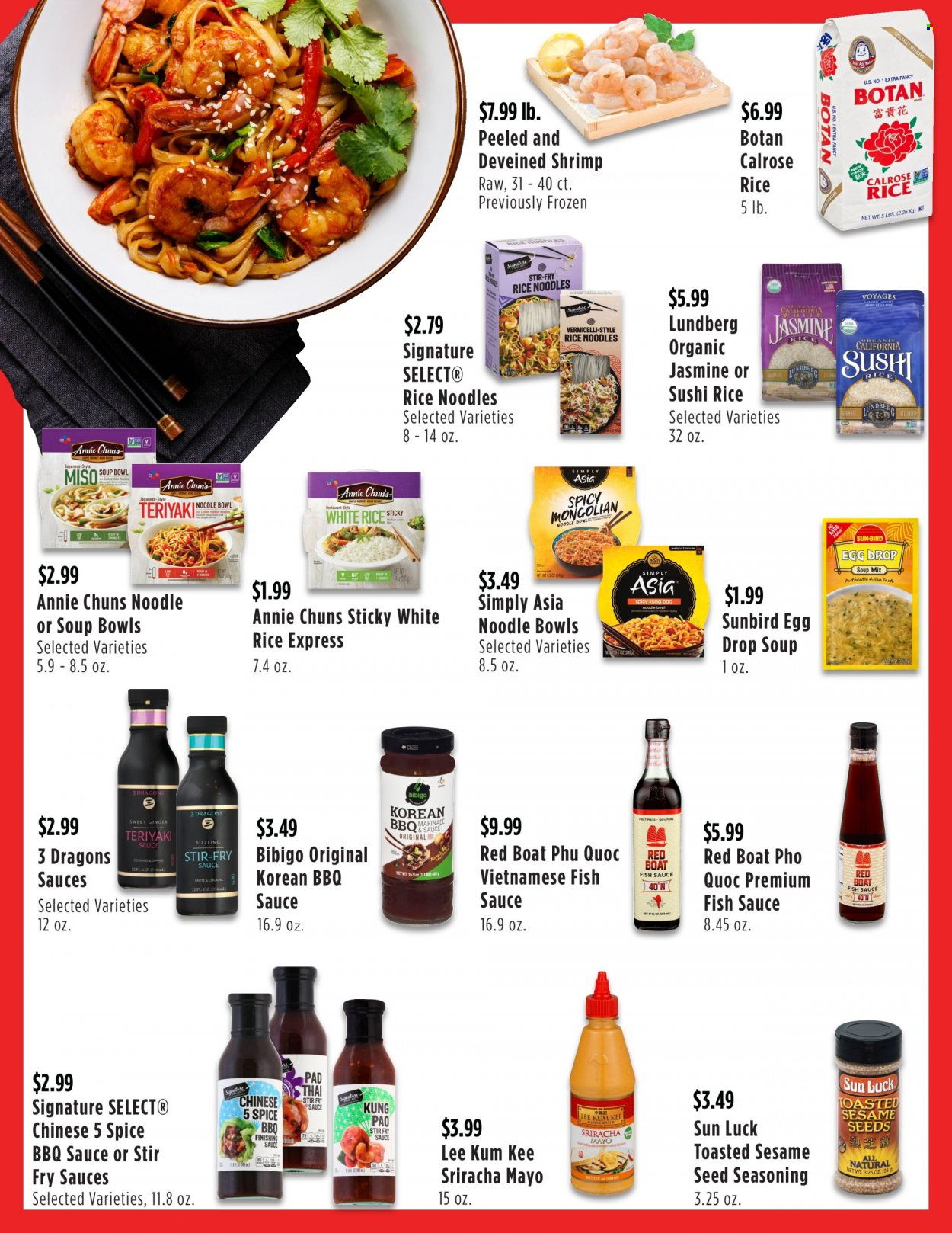 thumbnail - United Supermarkets Flyer - 01/19/2022 - 02/08/2022 - Sales products - mushrooms, carrots, fish, shrimps, soup, spring rolls, noodles, mayonnaise, sesame seed, white rice, rice vermicelli, spice, BBQ sauce, fish sauce, sriracha, Lee Kum Kee, spoon, calendar. Page 3.