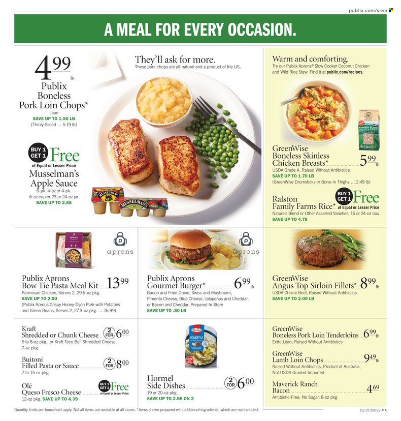 thumbnail - Publix Flyer - 01/20/2022 - 01/26/2022 - Sales products - coconut, hamburger, Kraft®, Hormel, Buitoni, filled pasta, bacon, blue cheese, shredded cheese, queso fresco, cheddar, parmesan, chunk cheese, apple sauce, chicken breasts, pork chops, pork loin, pork meat, lamb loin, lamb meat. Page 5.