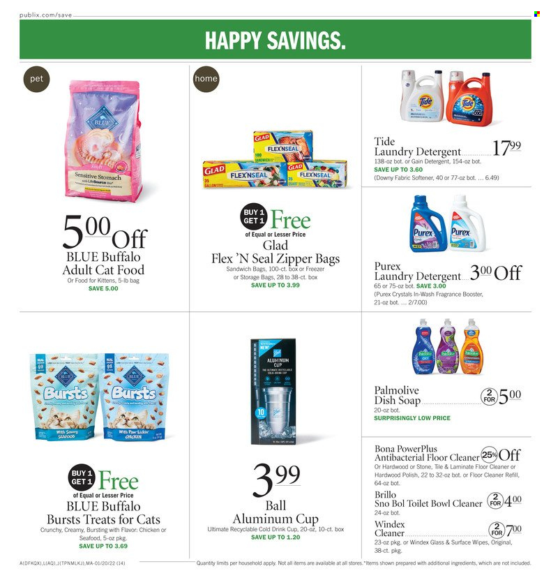 thumbnail - Publix Flyer - 01/20/2022 - 01/26/2022 - Sales products - wipes, detergent, Gain, Windex, cleaner, floor cleaner, Tide, fabric softener, laundry detergent, Purex, Downy Laundry, Palmolive, soap, fragrance, animal food, Blue Buffalo, cat food. Page 14.
