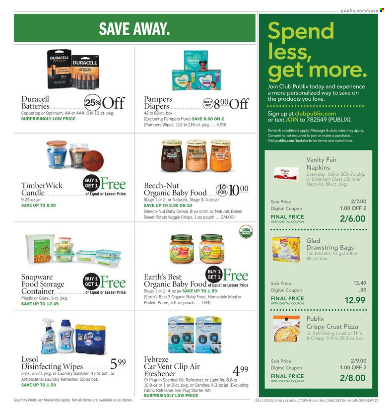 thumbnail - Publix Flyer - 01/20/2022 - 01/26/2022 - Sales products - pizza, cereals, organic baby food, wipes, Pampers, napkins, nappies, Febreze, Lysol, refresher, battery, Duracell, Optimum. Page 15.