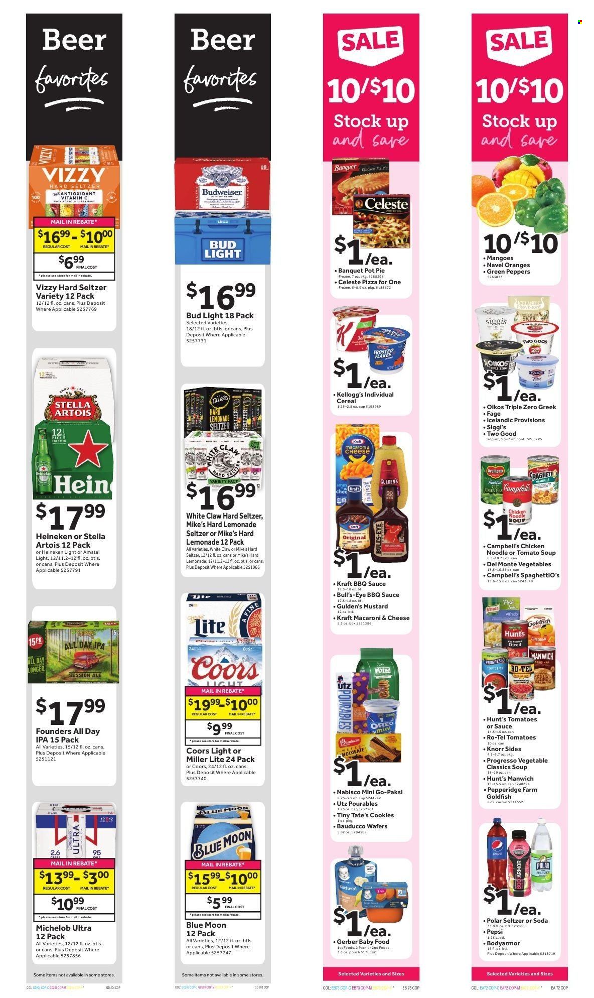 thumbnail - Stop & Shop Flyer - 01/21/2022 - 01/27/2022 - Sales products - pie, pot pie, peppers, mango, oranges, Campbell's, macaroni & cheese, tomato soup, pizza, soup, pasta, Knorr, noodles cup, noodles, Progresso, Kraft®, Oreo, Oikos, Celeste, cookies, wafers, Kellogg's, Gerber, Goldfish, Manwich, cereals, BBQ sauce, mustard, Pepsi, soda, White Claw, Hard Seltzer, beer, Bud Light, Heineken, IPA, pot, vitamin c, Budweiser, Miller Lite, Stella Artois, Coors, Blue Moon, Michelob, navel oranges. Page 12.