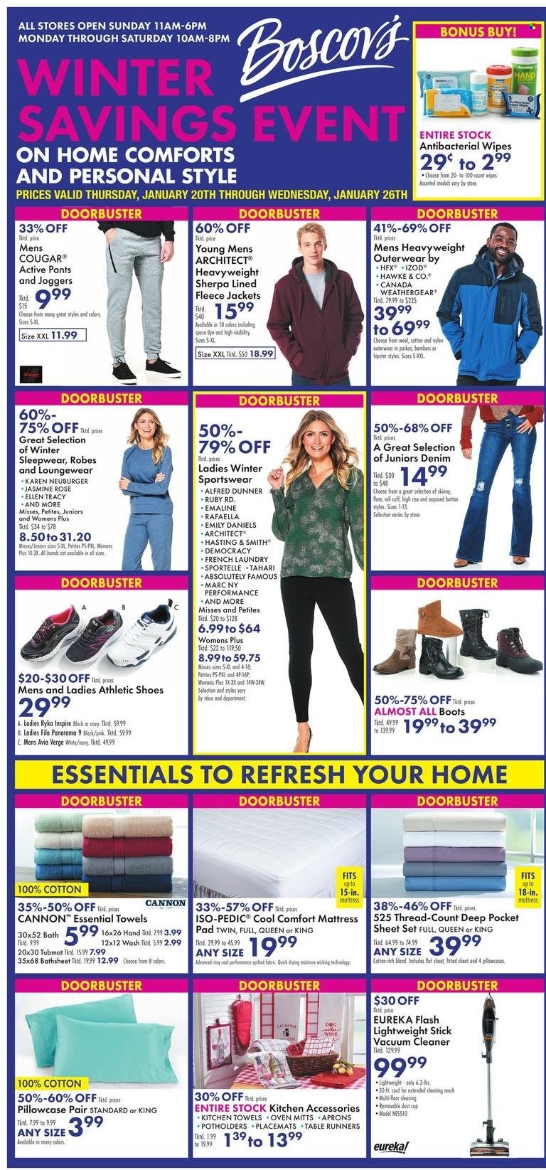 thumbnail - Boscov's Flyer - 01/20/2022 - 01/26/2022 - Sales products - boots, Fila, shoes, Democracy, athletic shoes, Ryka, oven mitt, cup, table runner, placemat, kitchen towels, pillowcase, mattress protector, oven, vacuum cleaner, table, mattress, jacket, loungewear, pants, sherpa, joggers, robe, sleepwear. Page 1.