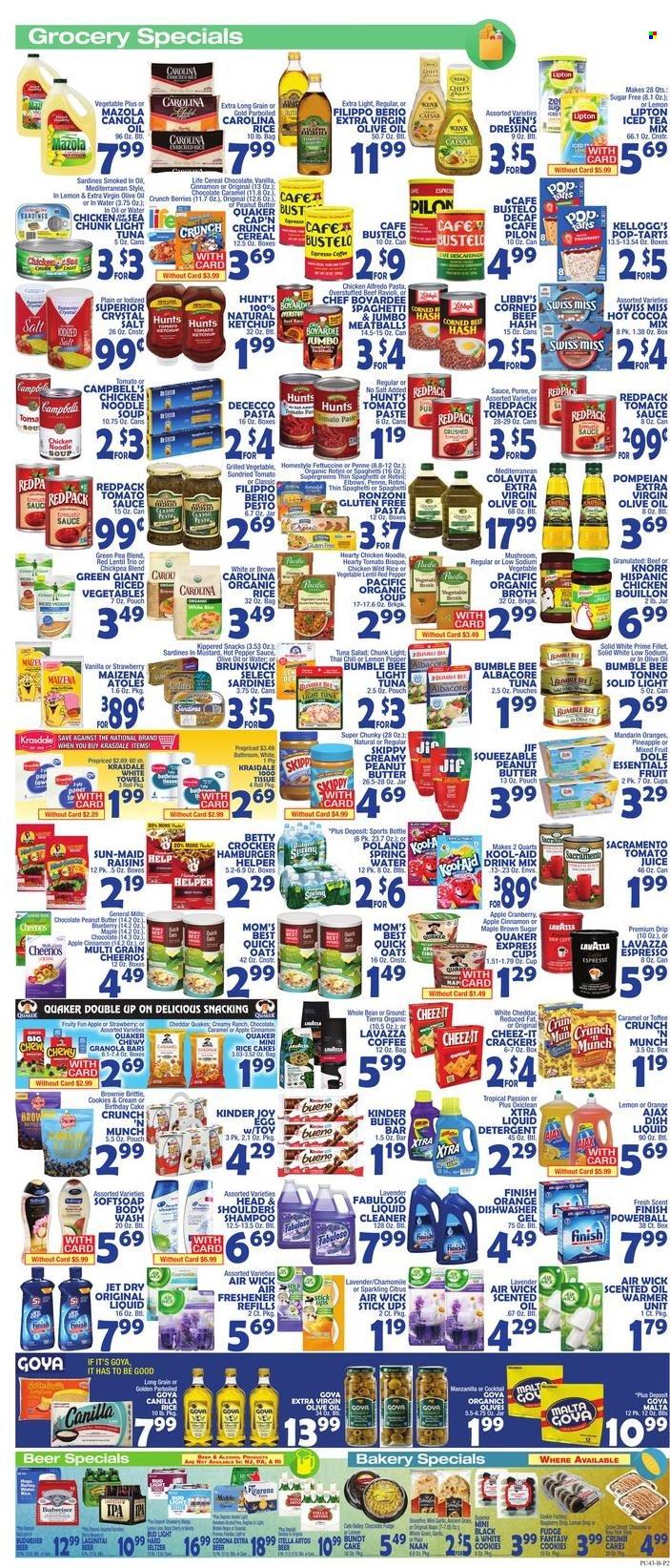 thumbnail - Bravo Supermarkets Flyer - 01/21/2022 - 01/27/2022 - Sales products - mushrooms, bundt, brownies, salad, Dole, mandarines, oranges, sardines, tuna, beef hash, Campbell's, meatballs, soup, pasta, Bumble Bee, Knorr, noodles cup, Quaker, noodles, tuna salad, Swiss Miss, eggs, cookies, fudge, chocolate, snack, Kinder Joy, crackers, Kellogg's, Kinder Bueno, Pop-Tarts, Cheez-It, bouillon, oats, broth, Maizena, tomato sauce, olives, light tuna, Goya, Chef Boyardee, cereals, Cheerios, granola bar, Quick Oats, Mom's Best, penne, ketchup, pesto, dressing, canola oil, extra virgin olive oil, olive oil, oil, peanut butter, Jif, raisins, dried fruit, tomato juice, juice, Lipton, ice tea, spring water, hot cocoa, coffee, Lavazza, Hard Seltzer, beer, Corona Extra, IPA, tissues, detergent, cleaner, liquid cleaner, Ajax, Fabuloso, liquid detergent, XTRA, dishwashing liquid, Finish Powerball, Jet, body wash, shampoo, Softsoap, Head & Shoulders, bag. Page 2.