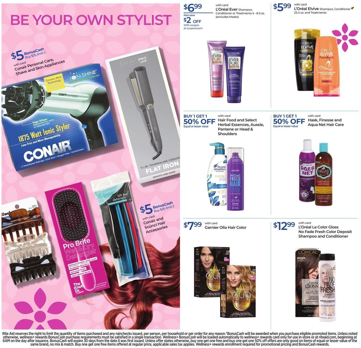 thumbnail - RITE AID Flyer - 01/23/2022 - 01/29/2022 - Sales products - shampoo, Garnier, L’Oréal, Daylogic, Aussie, conditioner, Pantene, hair color, Herbal Essences, Brite, Scünci, Hask, diffuser. Page 5.
