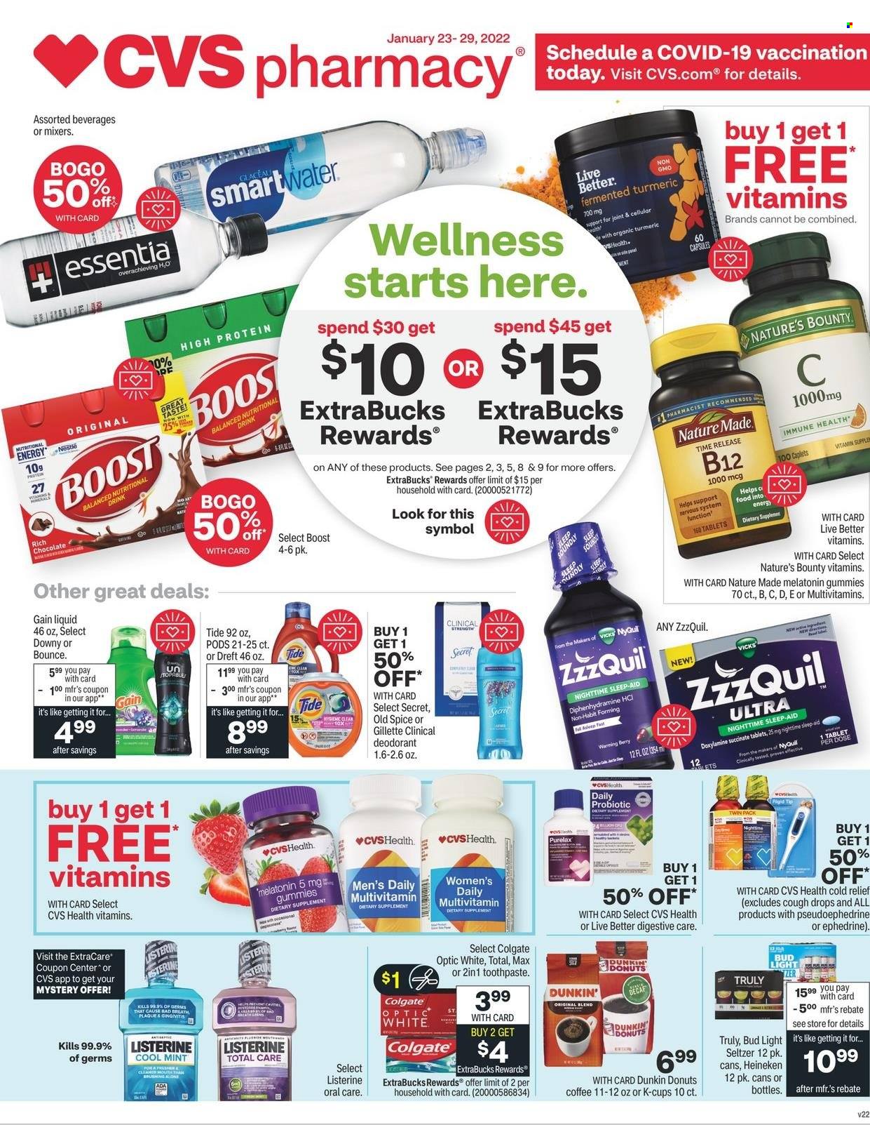 thumbnail - CVS Pharmacy Flyer - 01/23/2022 - 01/29/2022 - Sales products - chocolate, seltzer water, Smartwater, Boost, coffee, coffee capsules, K-Cups, TRULY, Gain, Tide, Bounce, Old Spice, Colgate, Listerine, toothpaste, Purelax, anti-perspirant, deodorant, Gillette, Vicks, multivitamin, Nature Made, Nature's Bounty, ZzzQuil, probiotics, vitamin B12, cough drops, dietary supplement, beer, Bud Light, Heineken. Page 1.