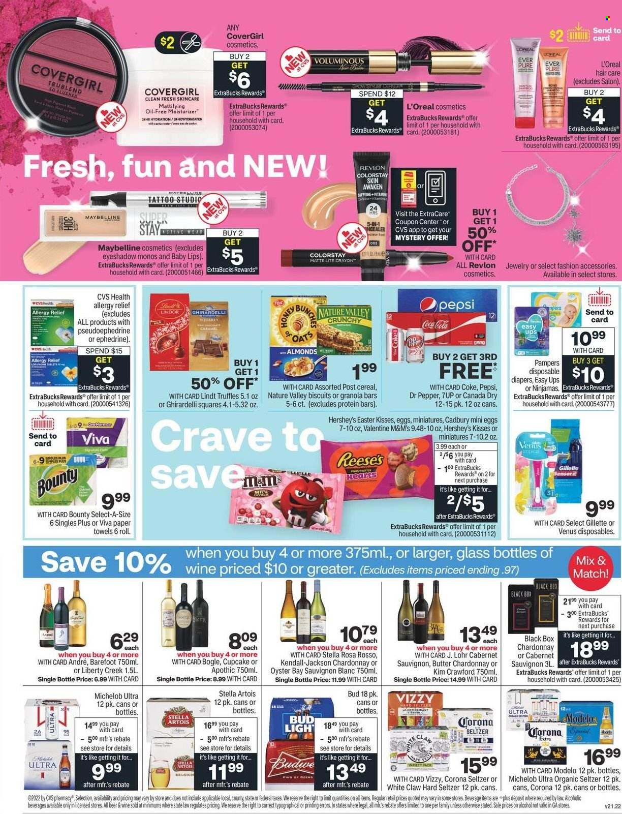thumbnail - CVS Pharmacy Flyer - 01/23/2022 - 01/29/2022 - Sales products - Reese's, Hershey's, Lindt, Lindor, Bounty, truffles, M&M's, biscuit, Cadbury, Ghirardelli, cereals, oats, protein bar, granola bar, Nature Valley, almonds, Canada Dry, Coca-Cola, Pepsi, Dr. Pepper, 7UP, Cabernet Sauvignon, red wine, white wine, Chardonnay, wine, alcohol, Sauvignon Blanc, White Claw, Hard Seltzer, Pampers, nappies, kitchen towels, paper towels, L’Oréal, moisturizer, Revlon, Maybelline, Gillette, Venus, allergy relief, beer, Bud Light, Corona Extra, Modelo, eyeshadow, Stella Artois, Michelob. Page 2.