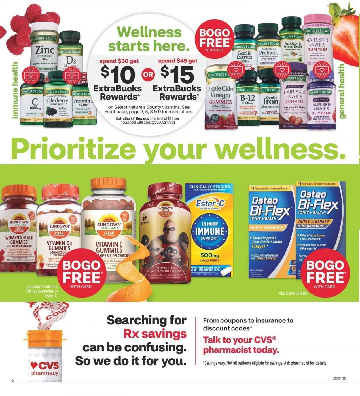 thumbnail - CVS Pharmacy Flyer - 01/23/2022 - 01/29/2022 - Sales products - Disney, jelly beans, garlic, cider, keratin, Biotin, Ester-c, glucosamine, magnesium, multivitamin, Nature's Bounty, Sundown Naturals, vitamin c, Osteo bi-flex, Bi-Flex, zinc, vitamin D3, dietary supplement. Page 3.
