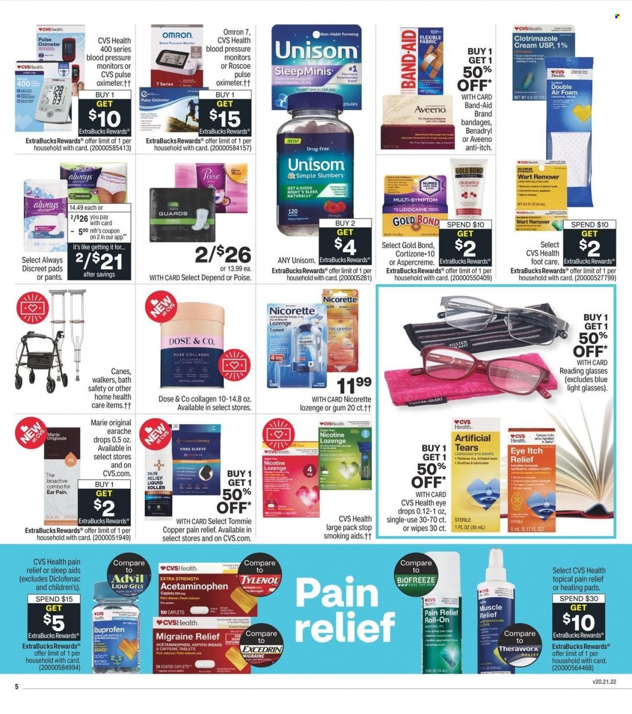 thumbnail - CVS Pharmacy Flyer - 01/23/2022 - 01/29/2022 - Sales products - Omron, wipes, pants, Aveeno, sanitary pads, Always Discreet, roll-on, Select Gold, roller, pressure monitor, pain relief, Excedrin, Nicorette, Tylenol, Unisom, Ibuprofen, Aspercreme, eye drops, Advil Rapid, aspirin, knee sleeve, pulse oximeter. Page 6.
